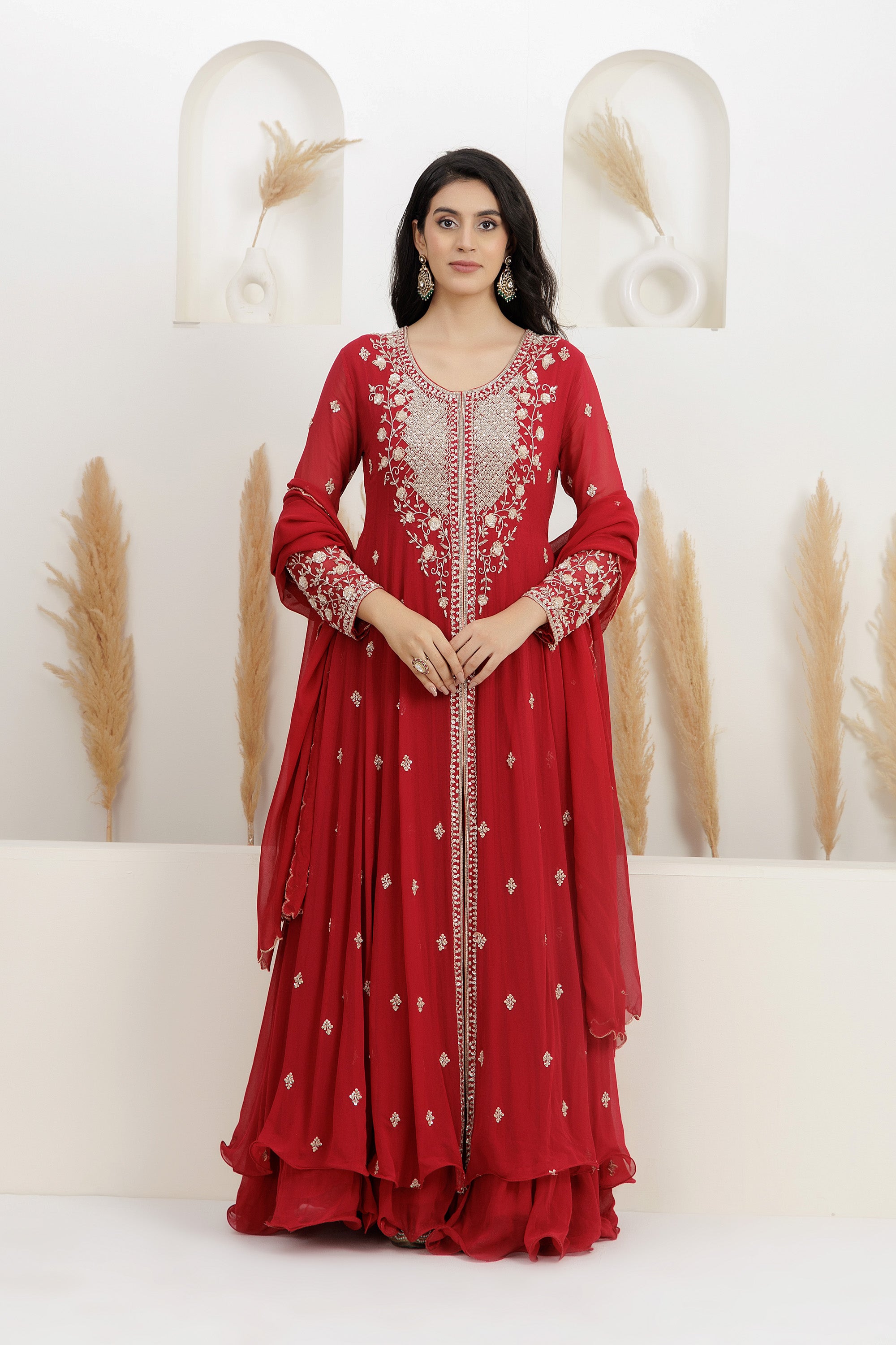 Red Georgette Embroidered Anarkali With Dupatta.