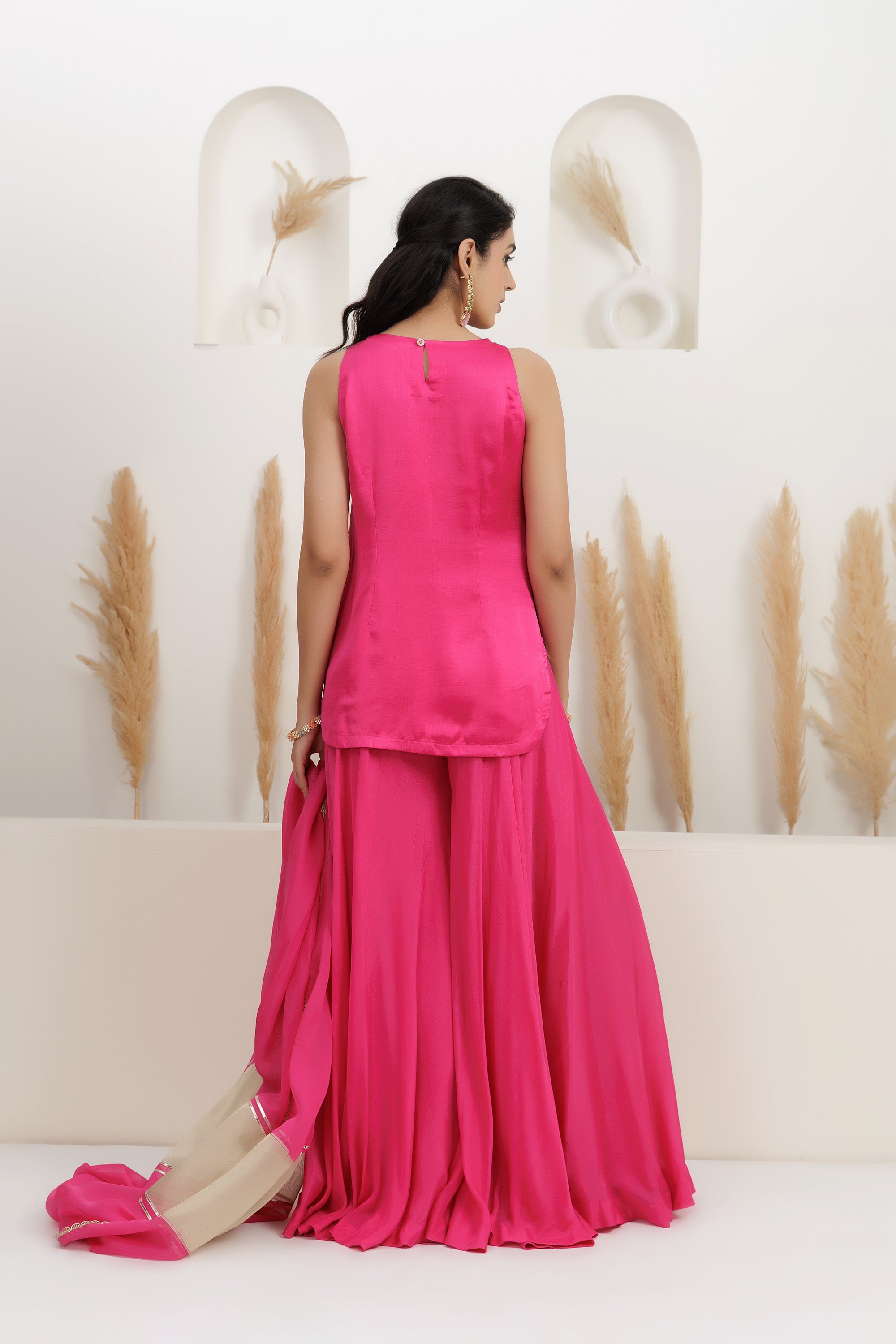 Fuchsia Pink Satin Silk Embroidered Sharara Suit Set