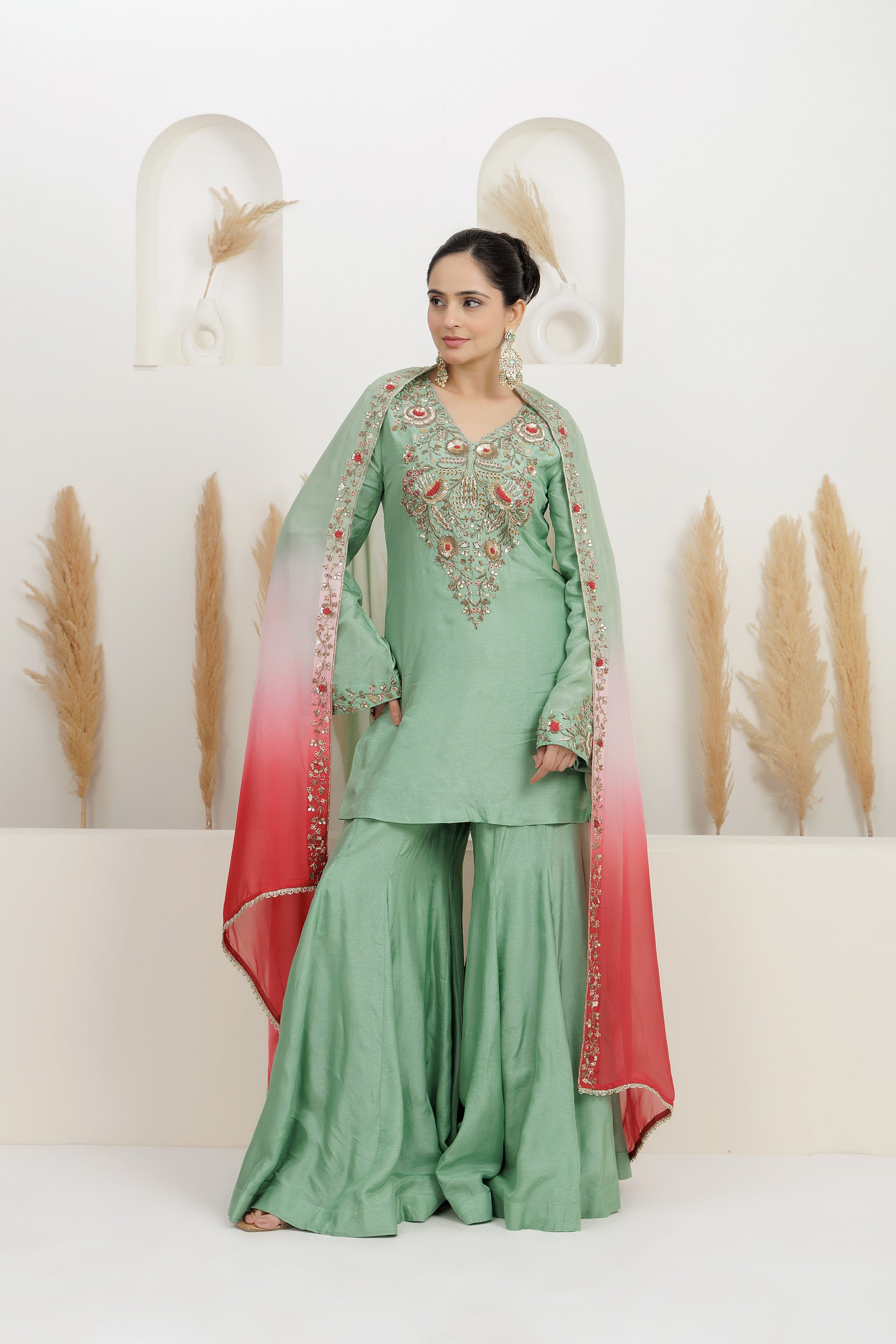 Mint Green Pure Bamber Silk Embroidered Sharara Set