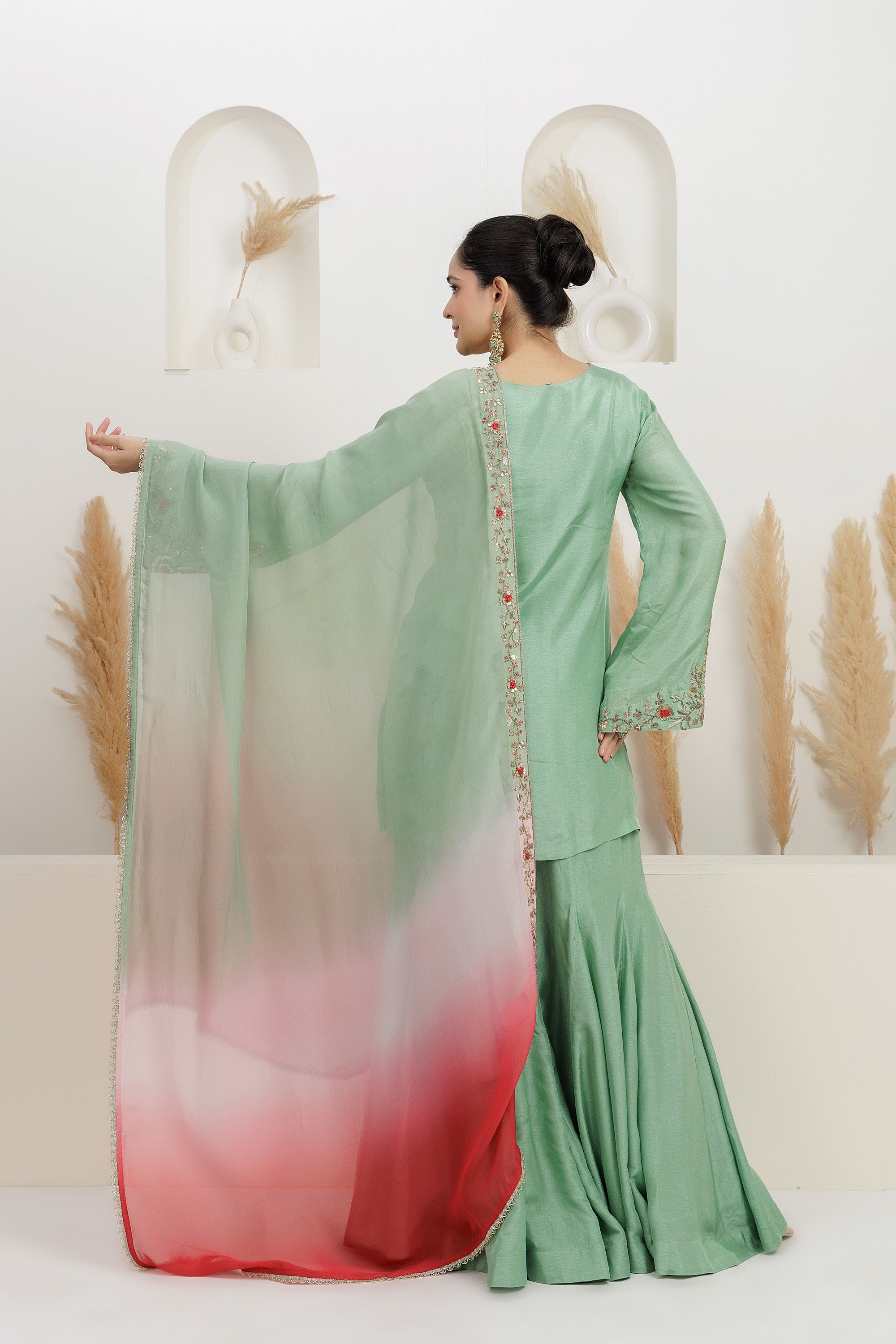 Mint Green Pure Bamber Silk Embroidered Sharara Set