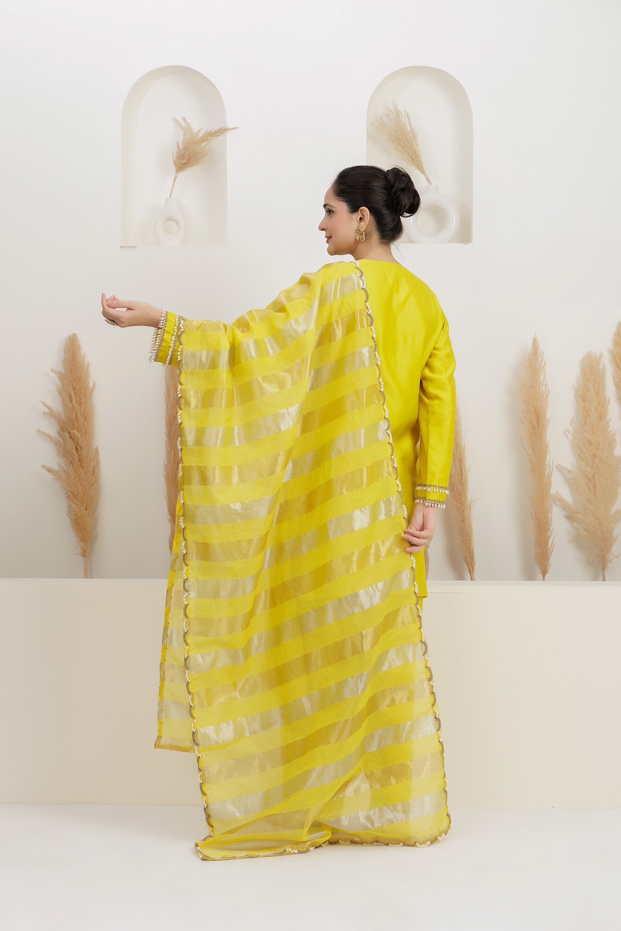 Mastard Yellow Pure Chanderi Silk Embroidered Suit With Pants And Dupatta Set.