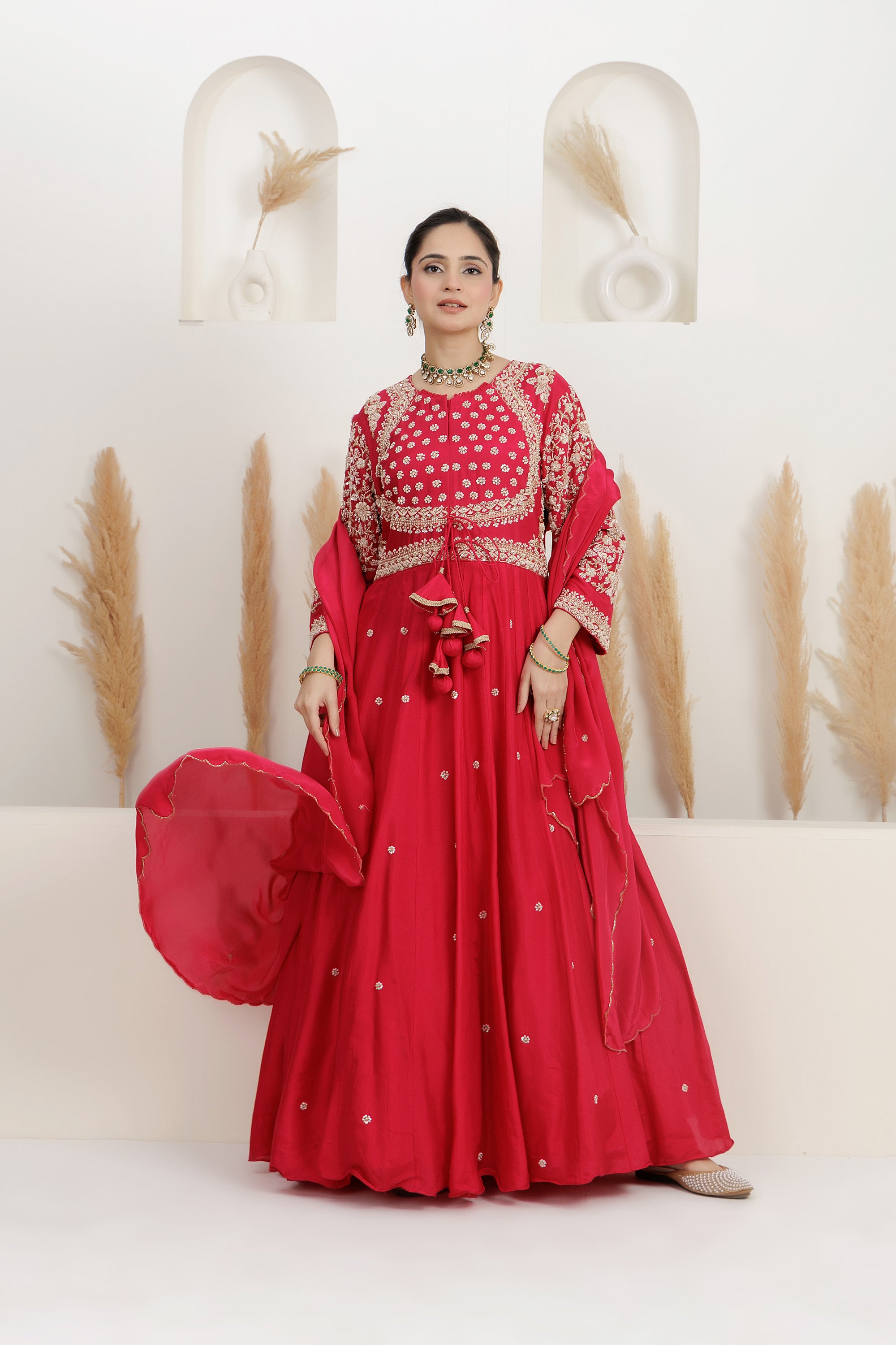 Fuchsia Pink Dupion Silk Embroidered Anarkali Suit With Dupatta.