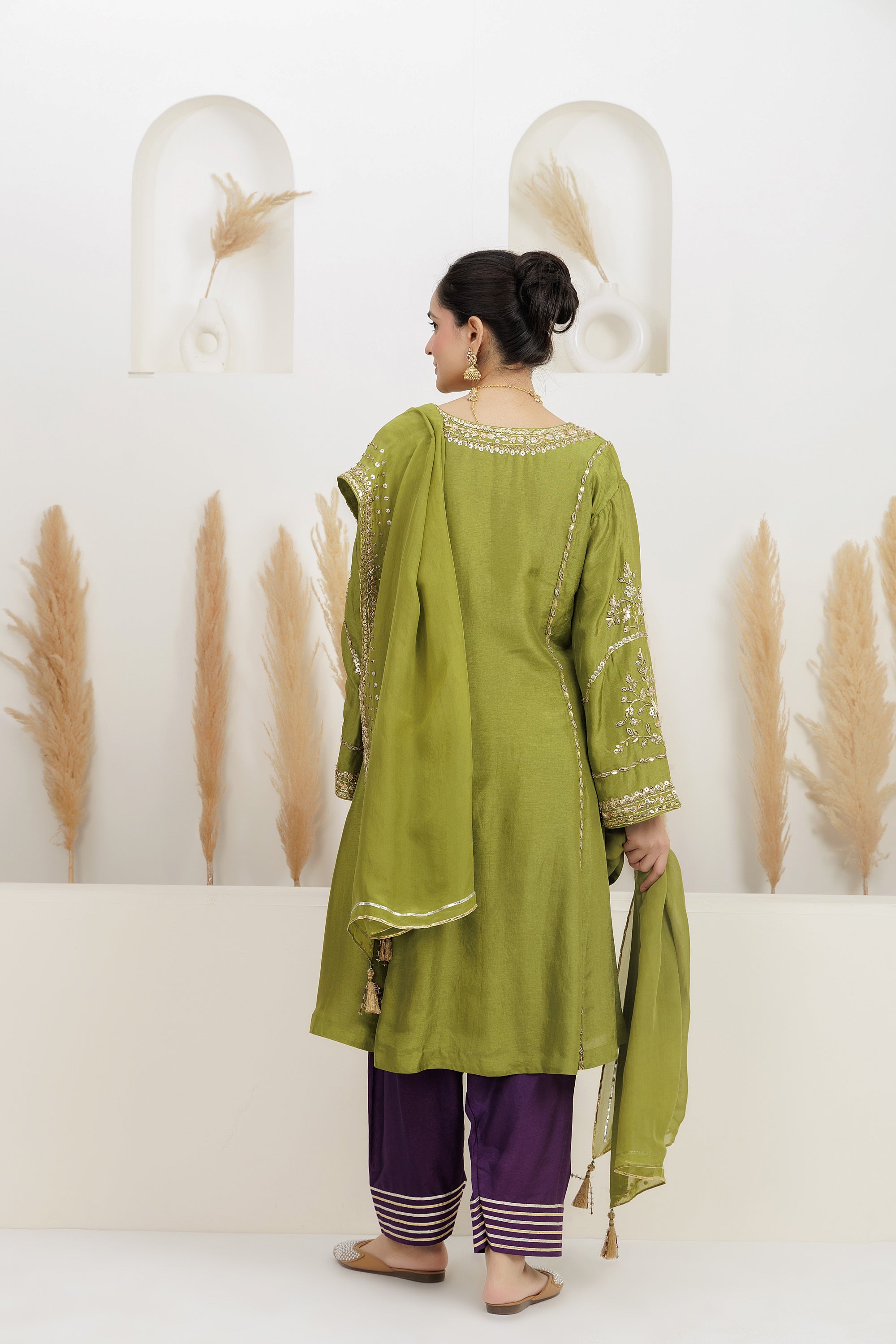 Mehendi Green Suit With Salwar And Dupatta.