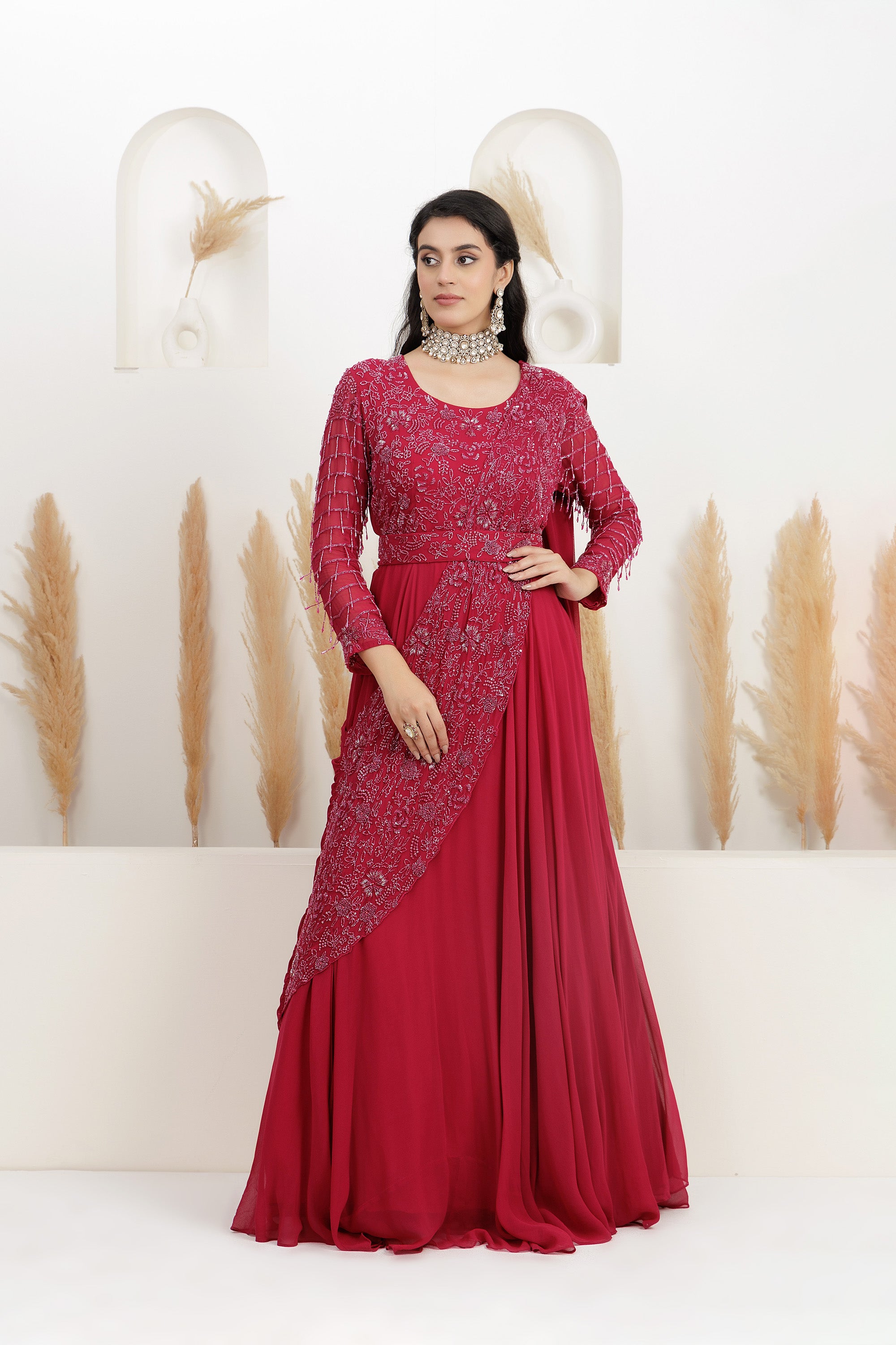 Cherry Red Georgette Sequins Embroidered Draped Gown Saree