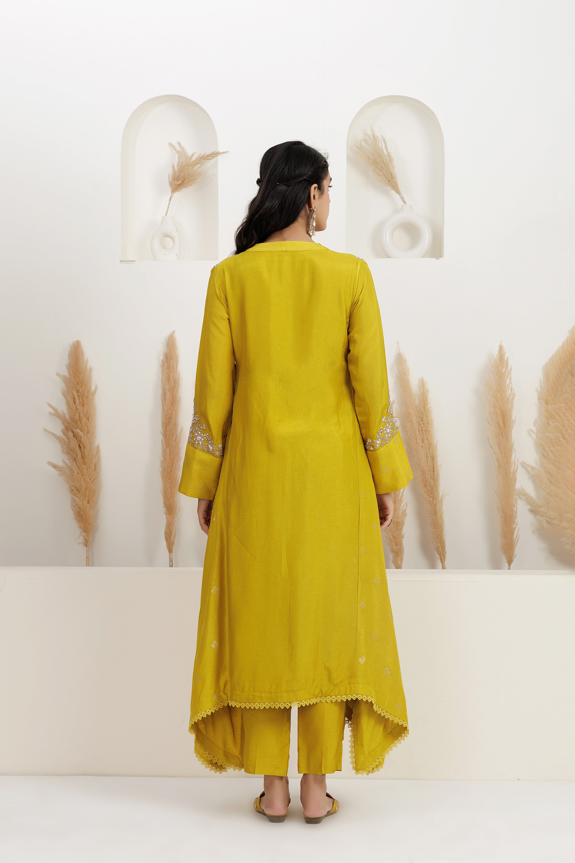 Mustard Bamber Silk Asymmetrical Kurta With Pants