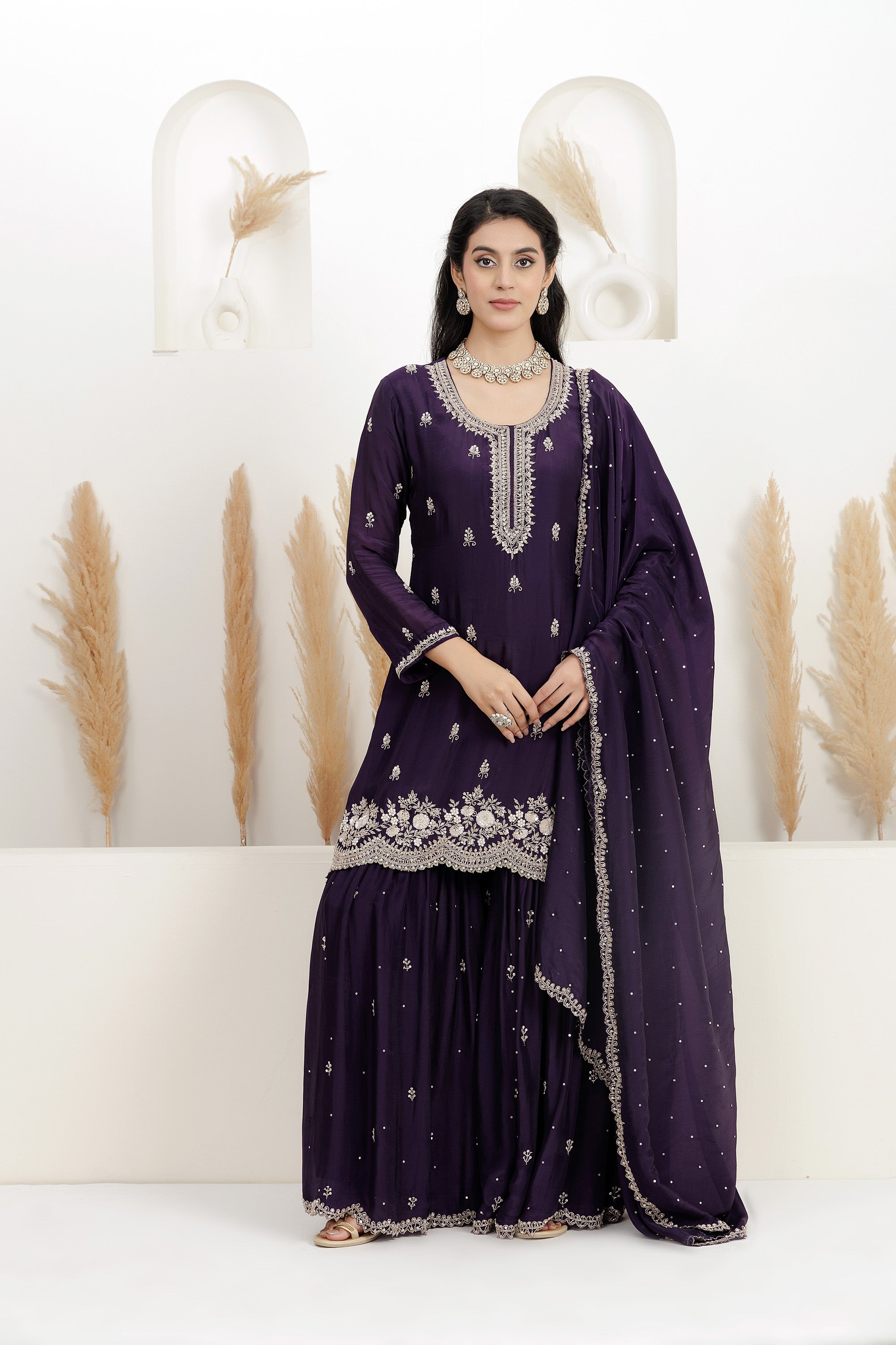 Purple Satin Silk Sharara Set
