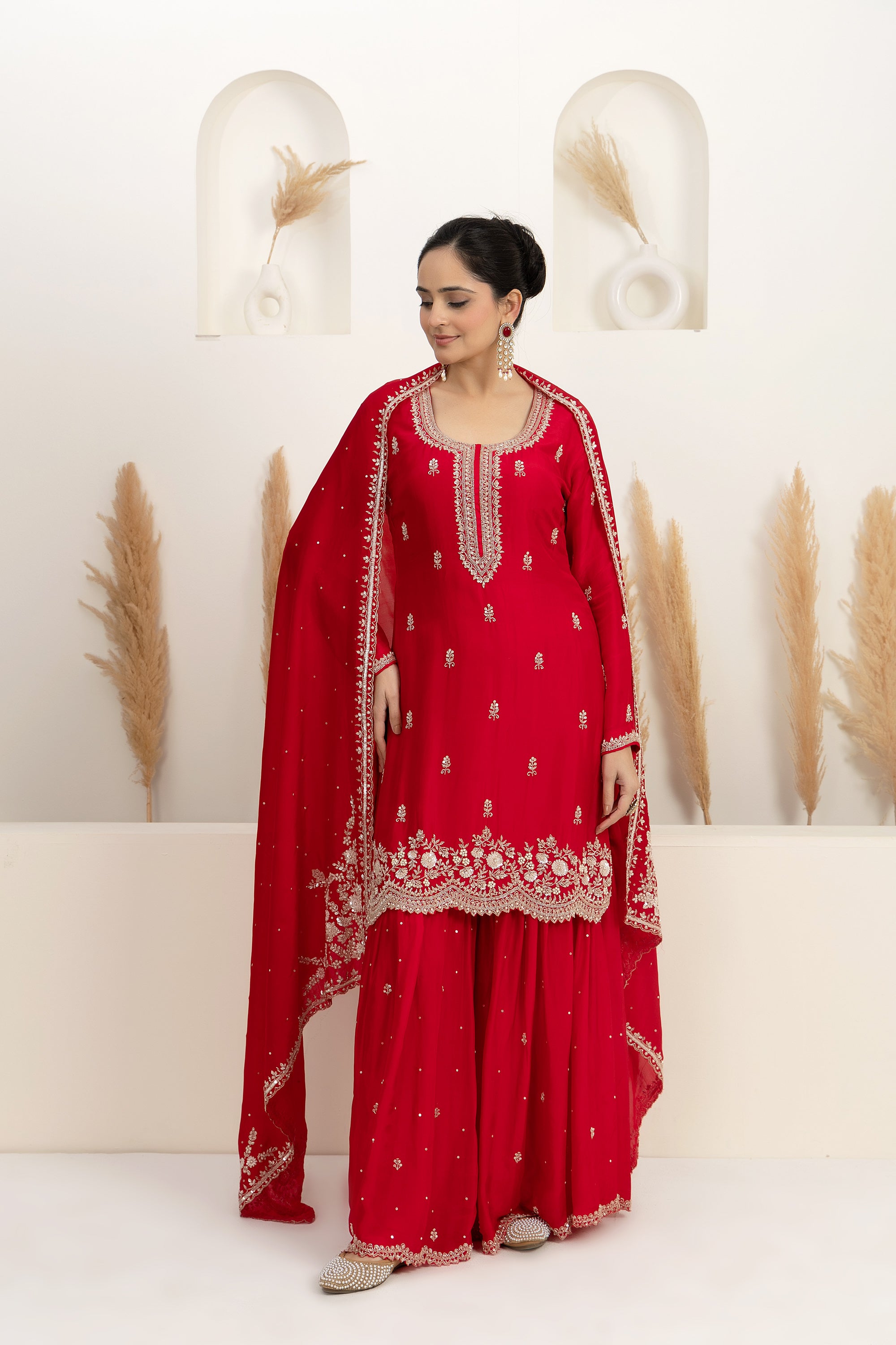 Red Satin Silk Sharara Set