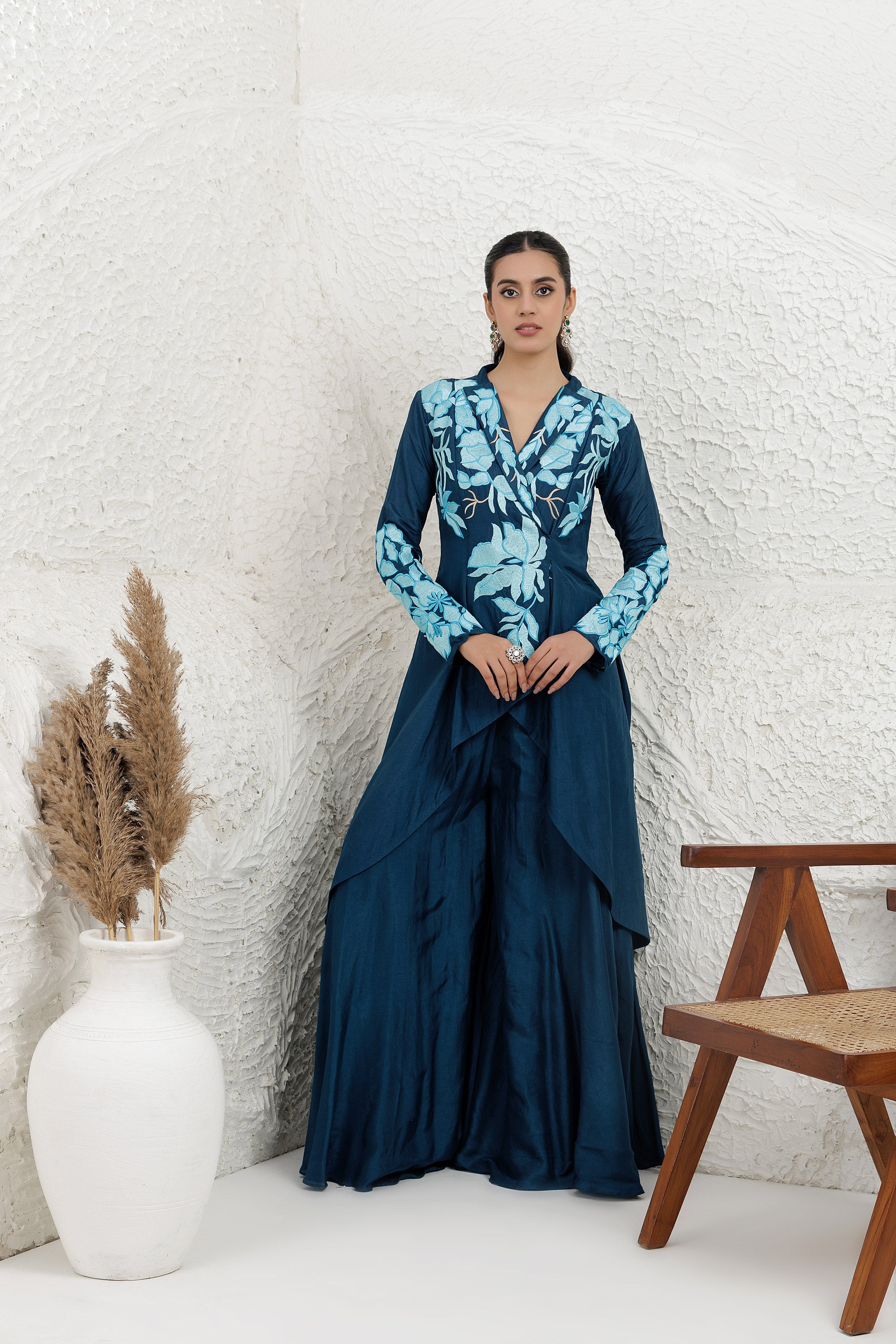 Blue Bemberg Silk Applique Embroidered High-Low Dress With Palazzo Set