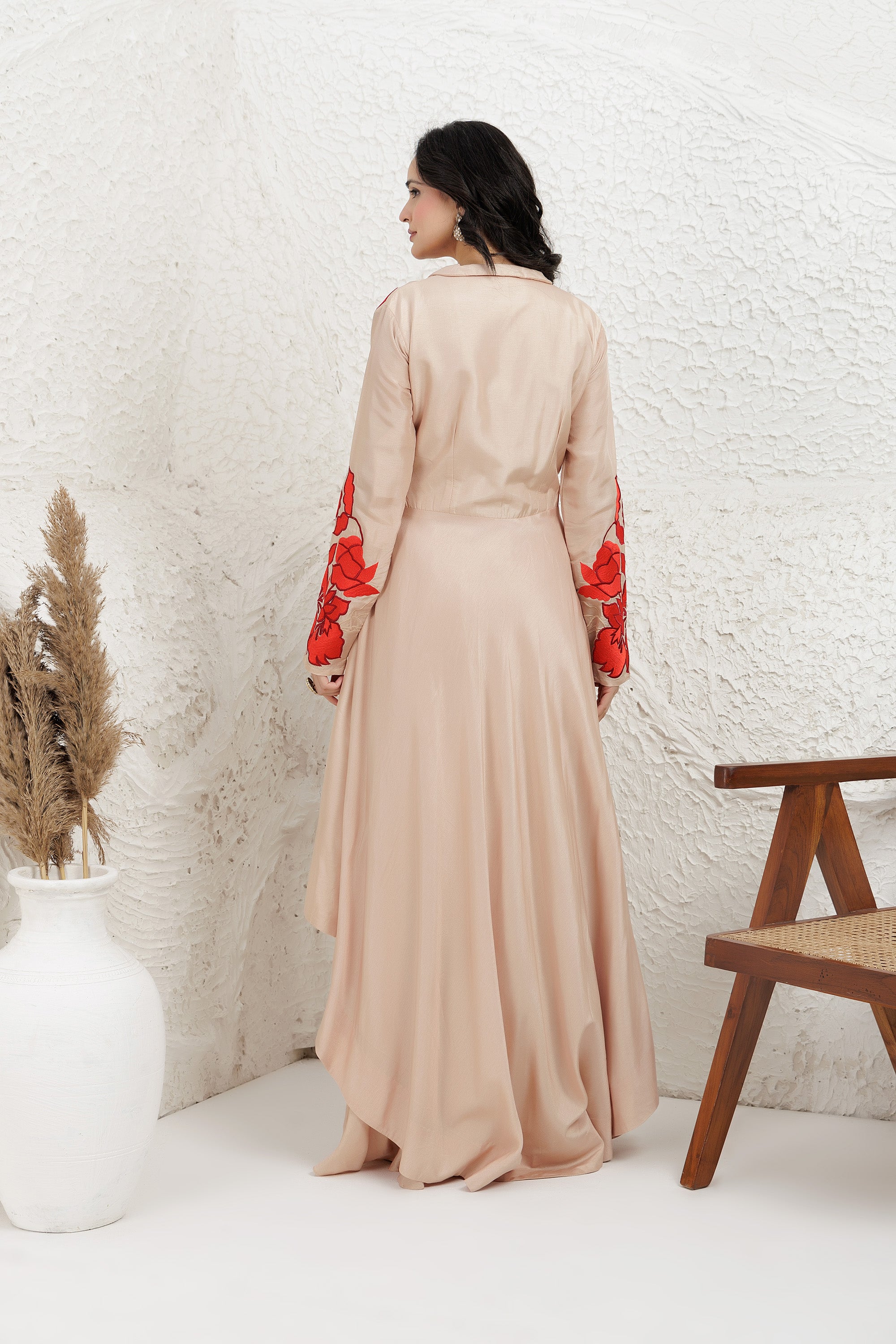 Beige Bemberg Silk Applique Embroidered High-Low Dress With Palazzo Set