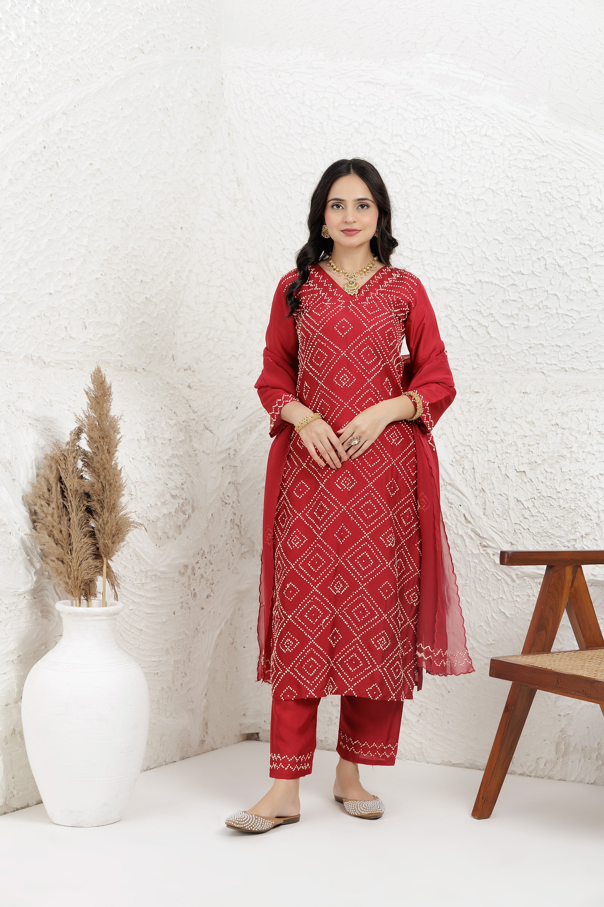 Red Russian Silk Hand French Knot Embroidered Kurta Set