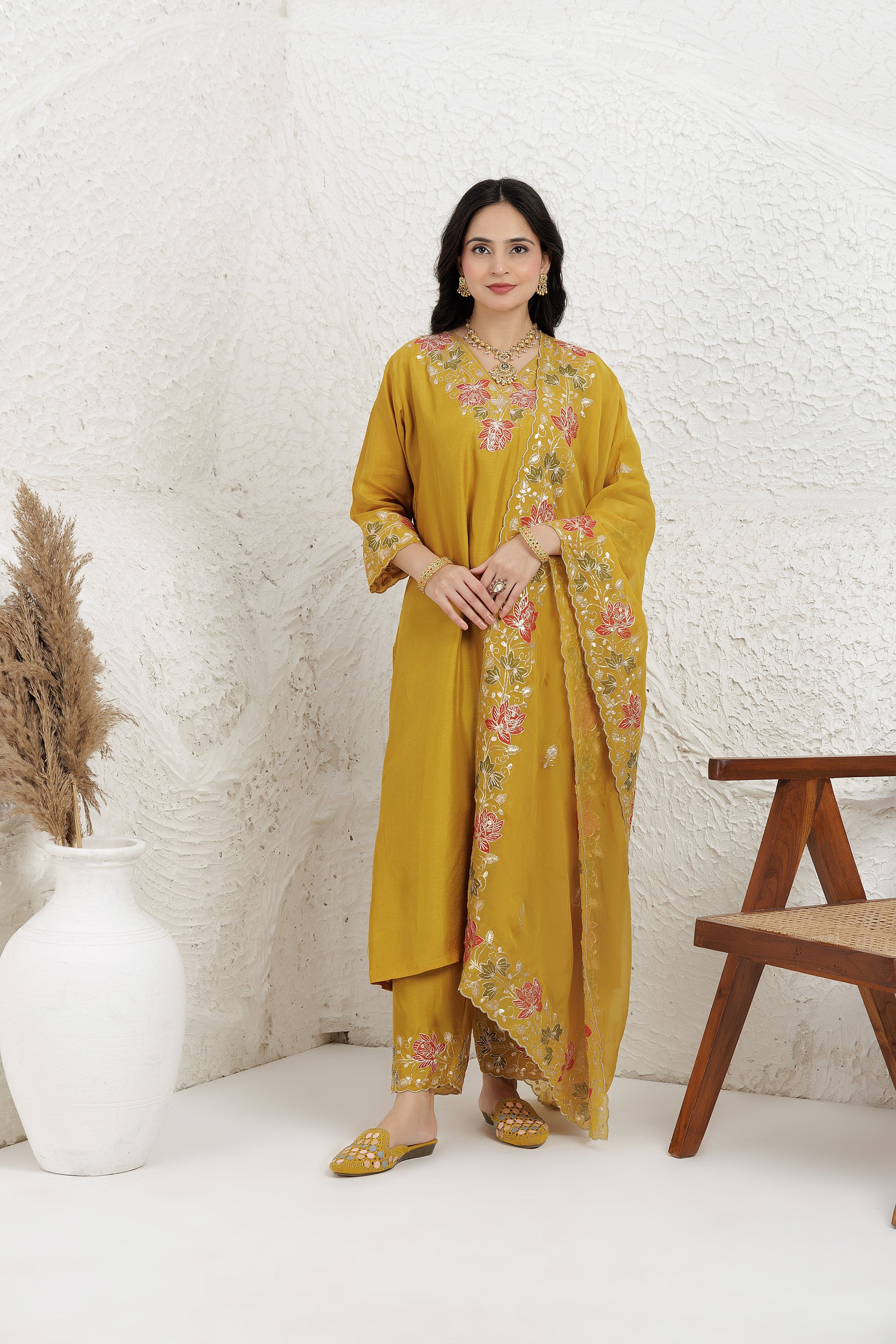 Mustard Russian Silk Chanderi Applique Work Kurta Set