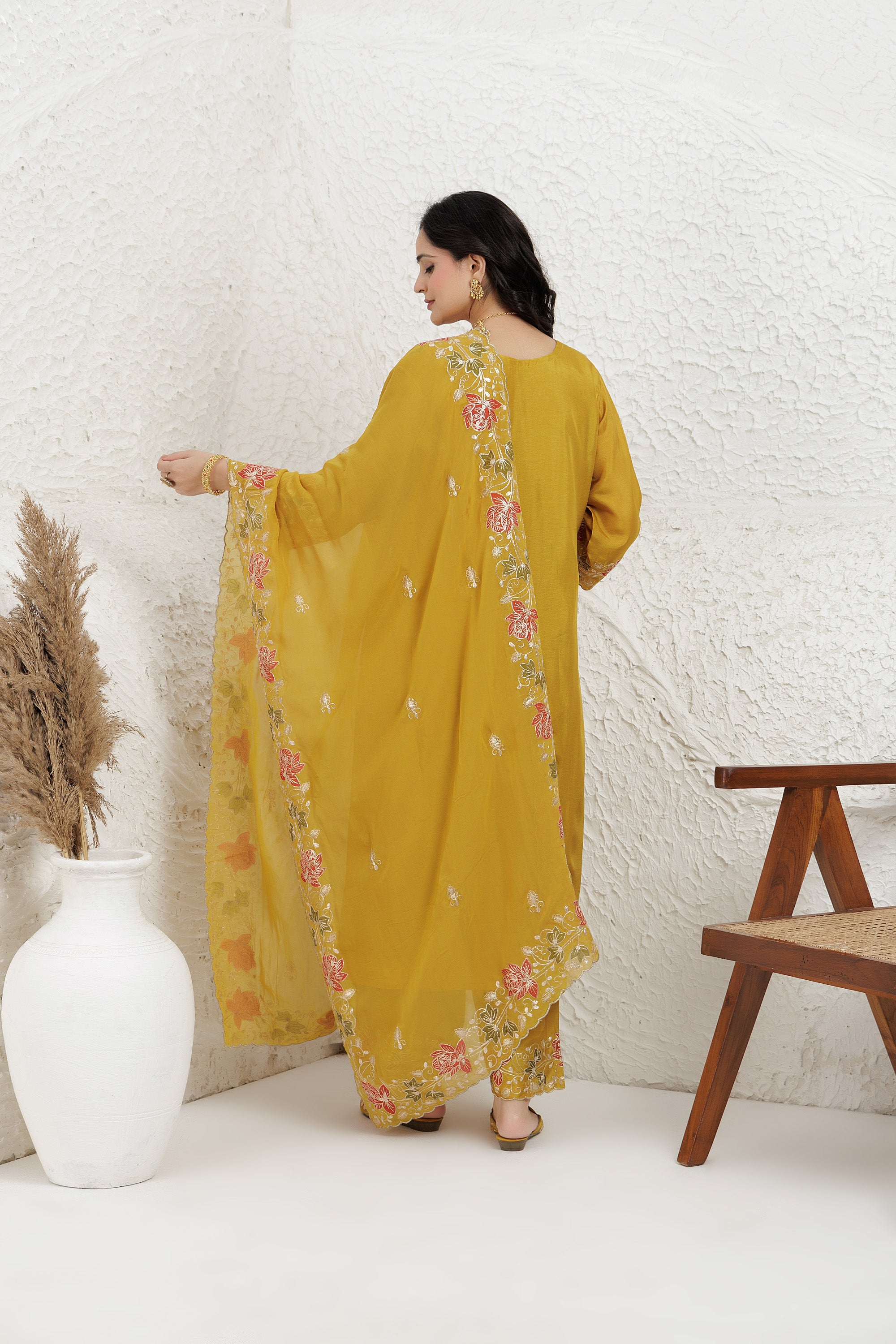 Mustard Russian Silk Chanderi Applique Work Kurta Set