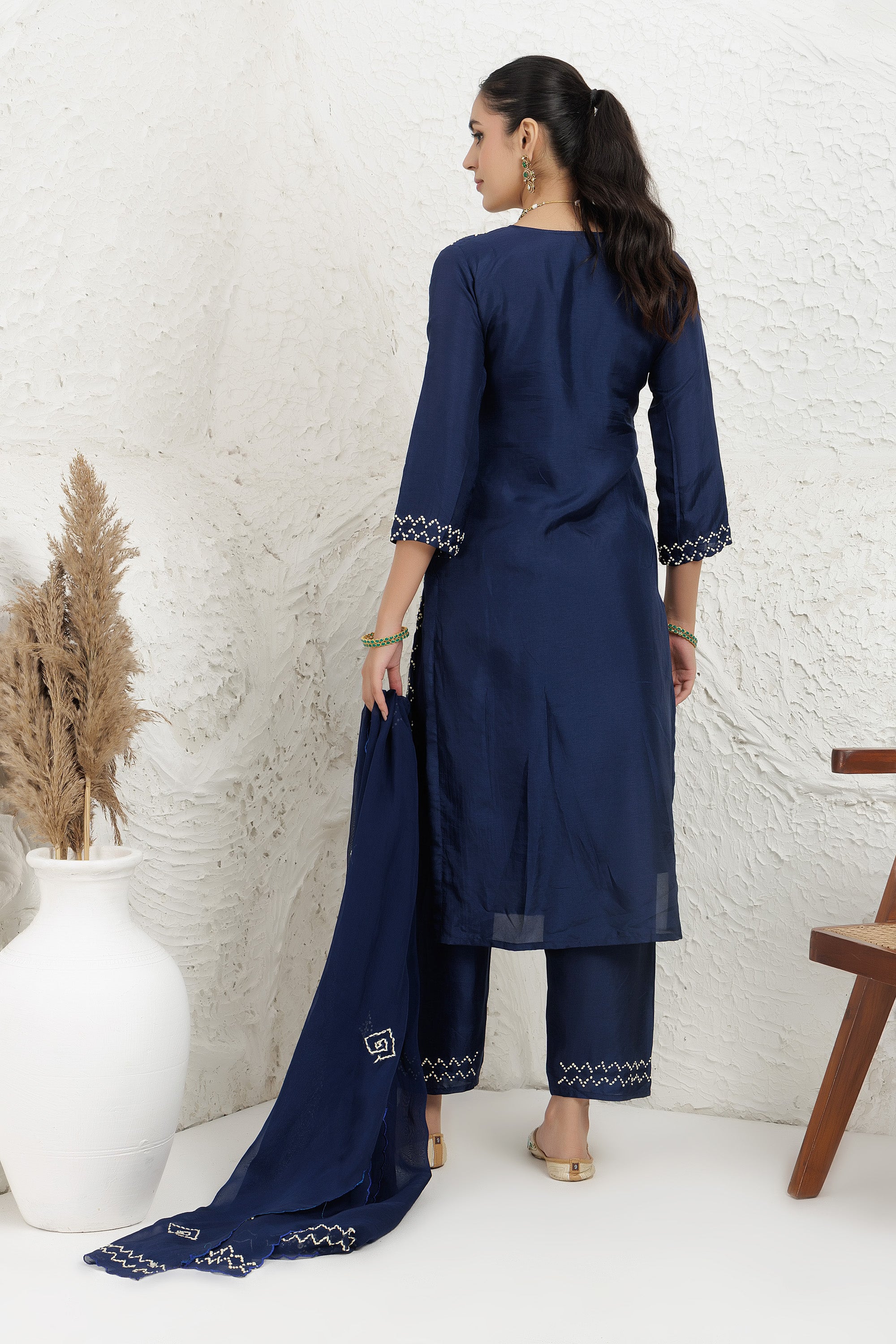 Blue Russian Silk Hand French Knot Embroidered Kurta Set