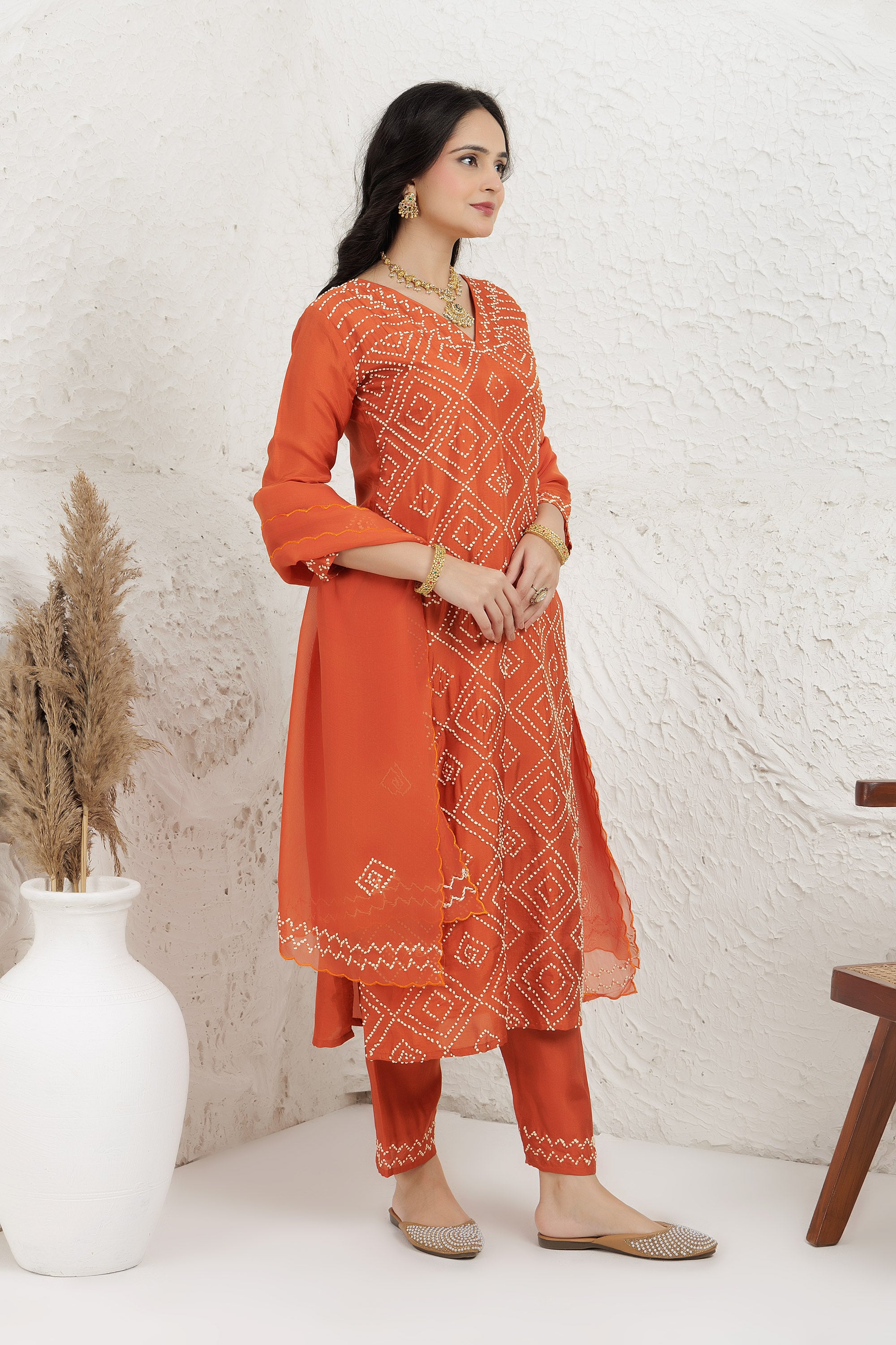 Rust Russian Silk Hand French Knot Embroidered Kurta Set