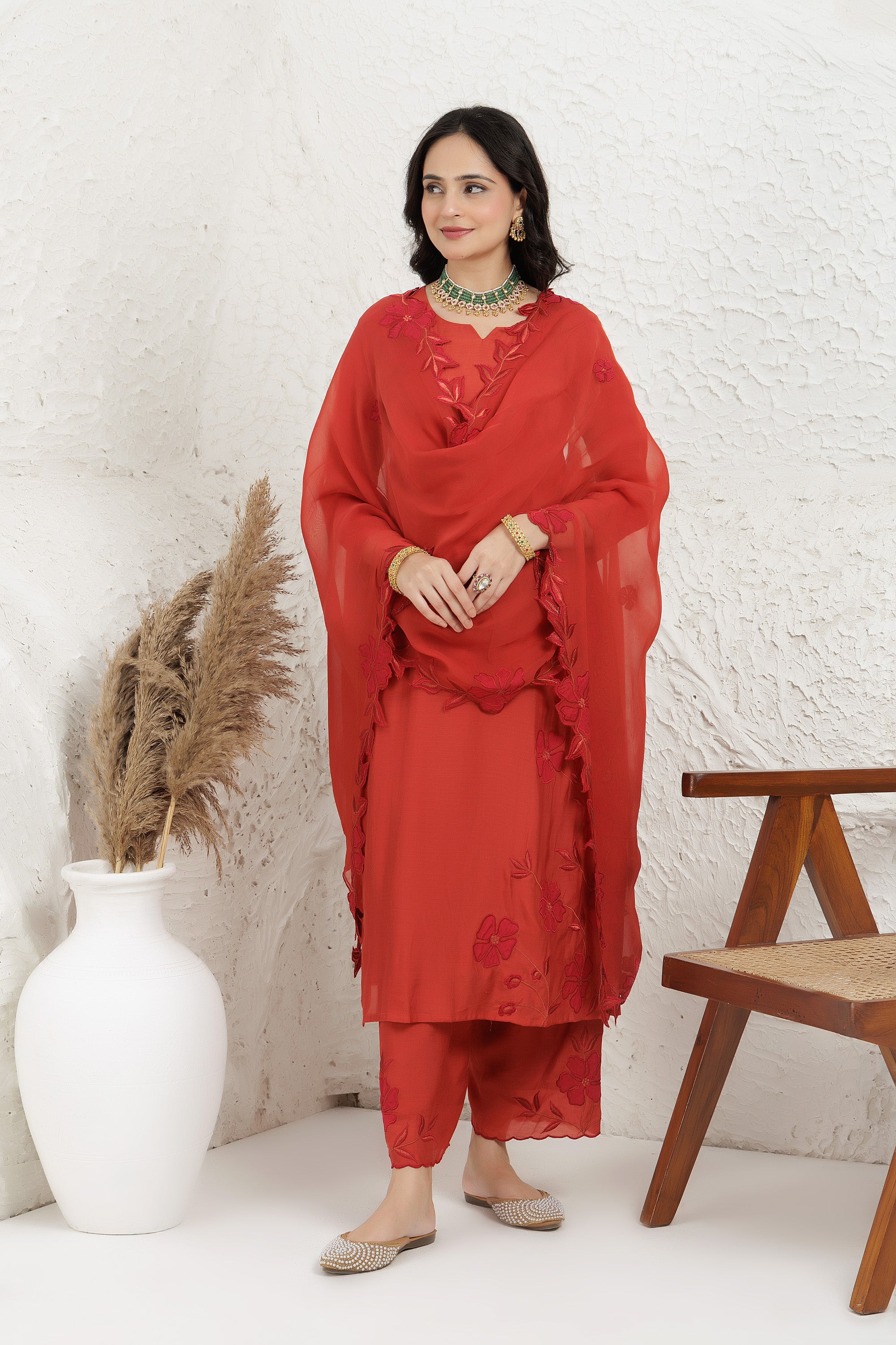Rust Silk Muslin Applique Work Kurta Set