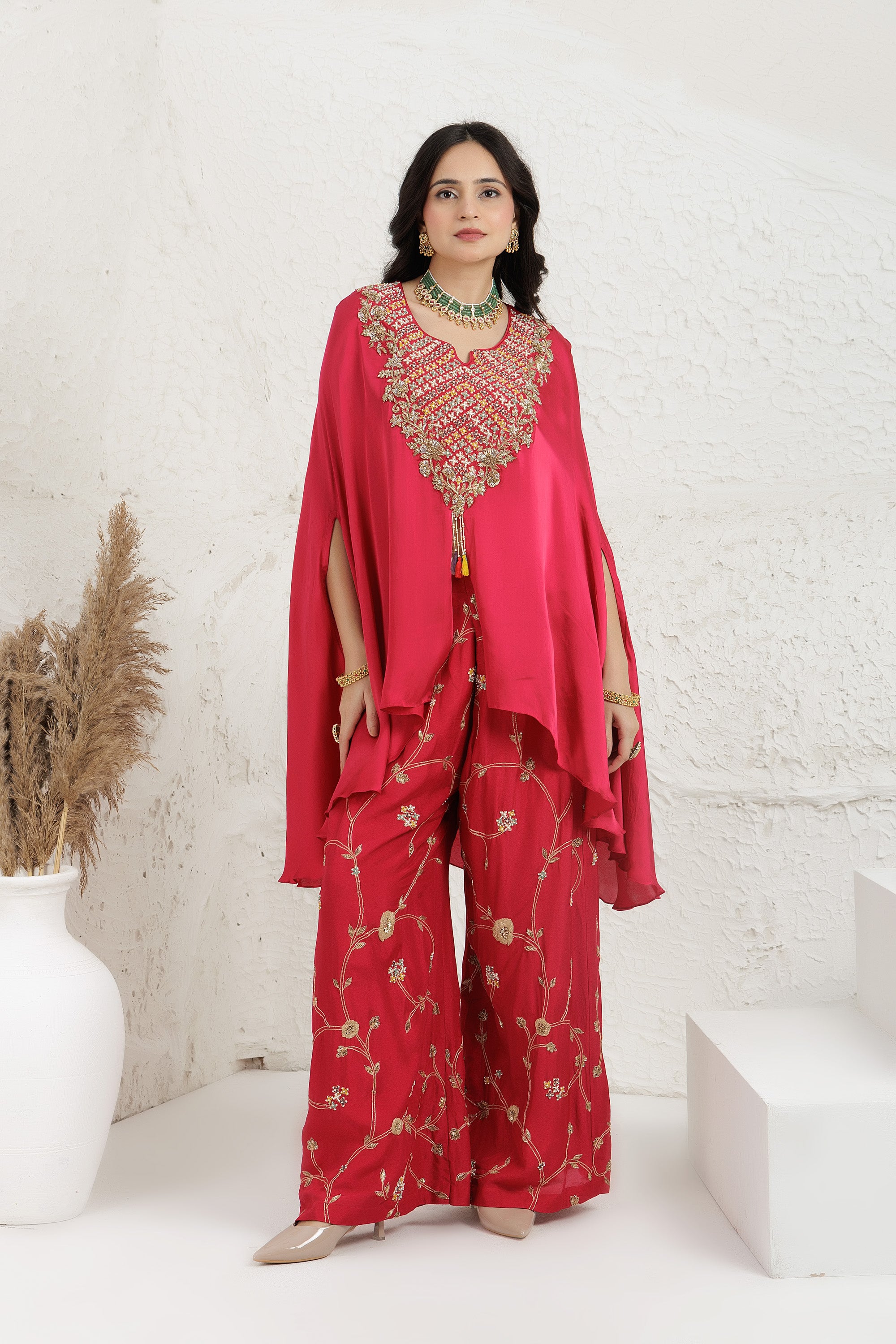 Red Fuchsia Crop-Top With Embroidered Bamber Silk Palazzo Cape Set.