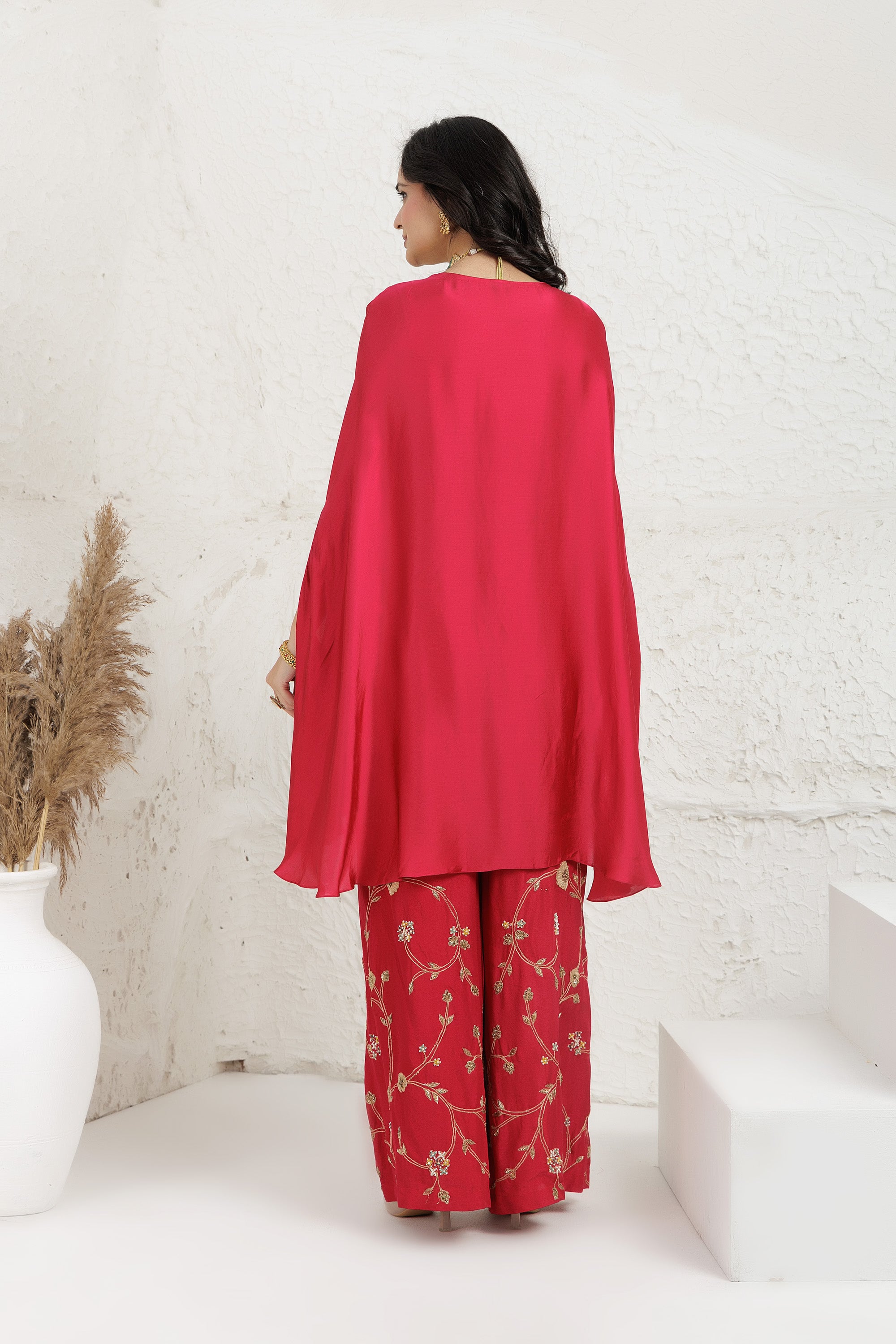 Red Fuchsia Crop-Top With Embroidered Bamber Silk Palazzo Cape Set.