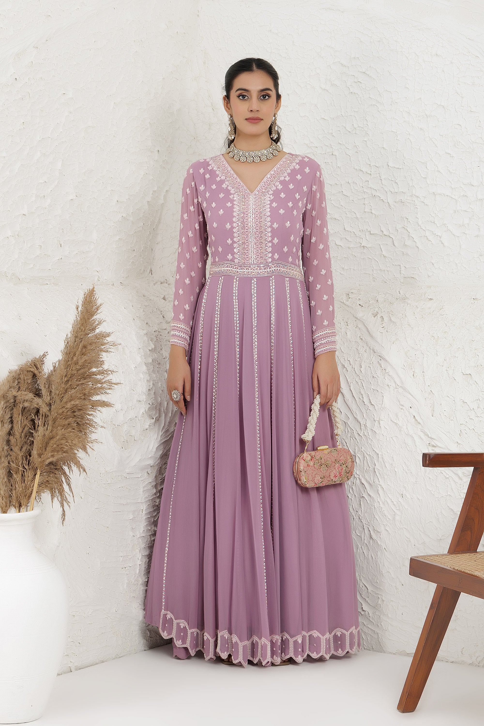 Levender Georgette Embroidered Gown .