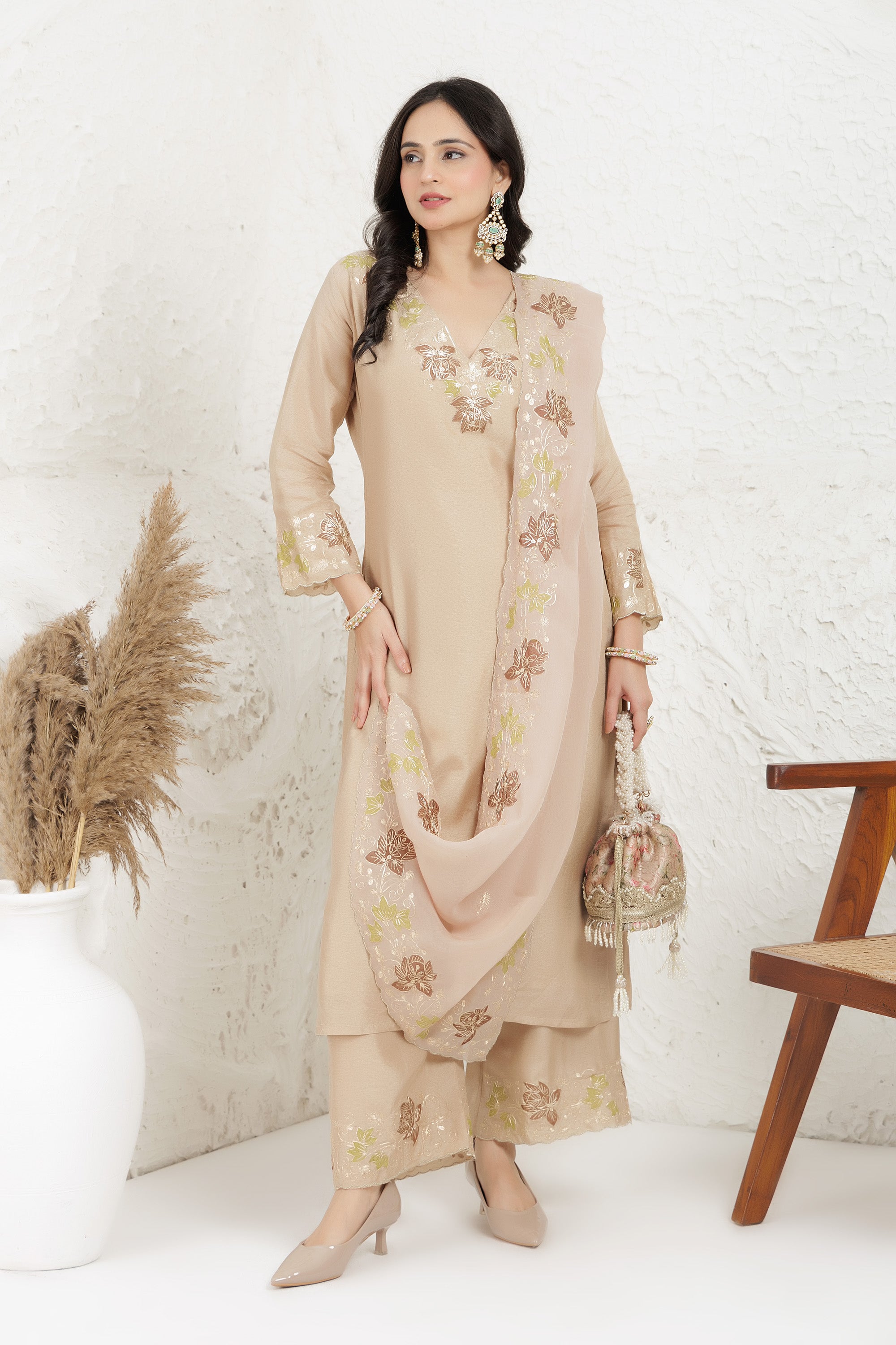 Beige Russian Silk Applique Work Kurta Set