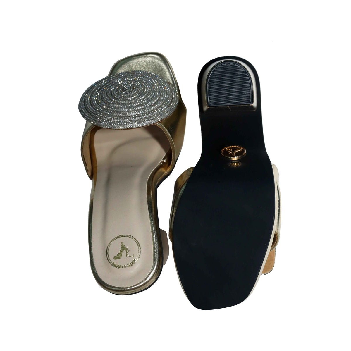 Women Open Toe Cube Globe Elevation Gold Block Heel