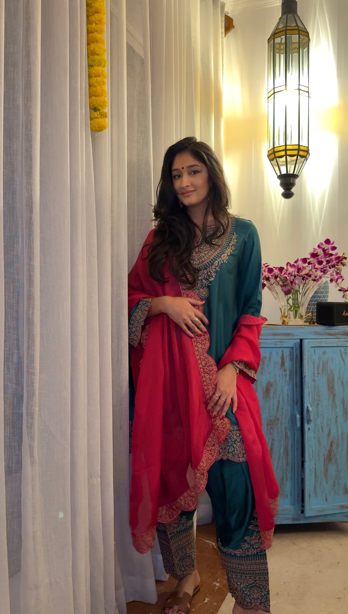 Bottle Green Embroidered Set with Contrast Dupatta