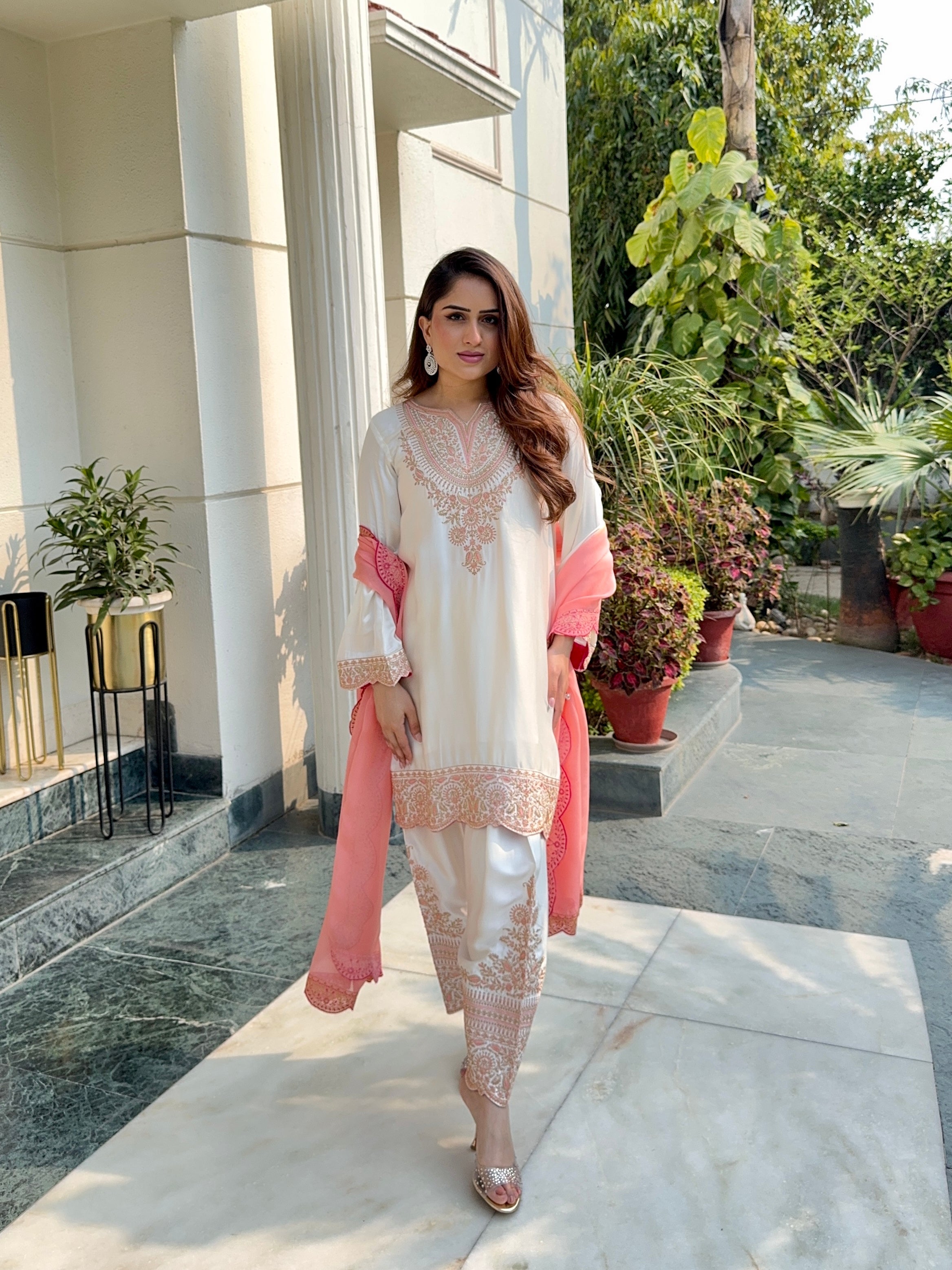 Noor Cream Embroidered Set with Organza Dupatta- Inching India