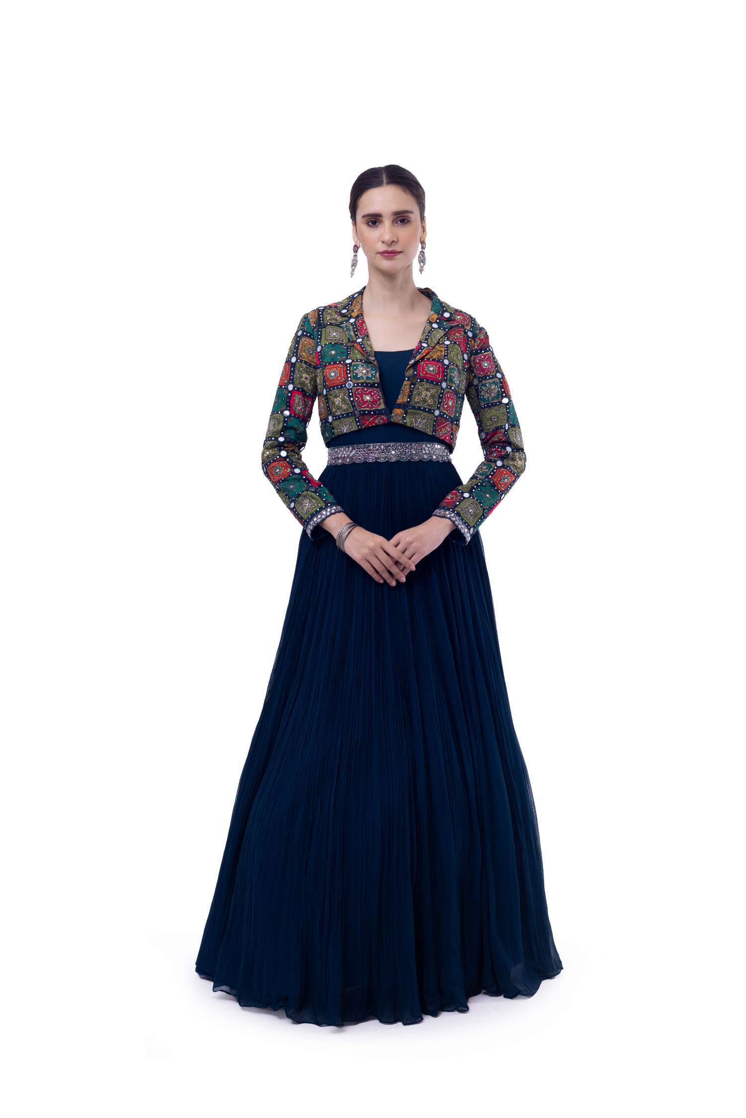 Pleated gown with crop jacket