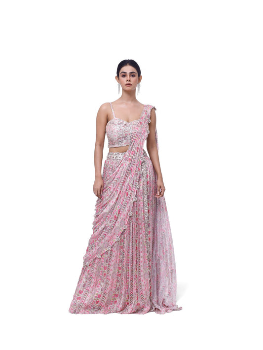 Printed Pink Drape Saree