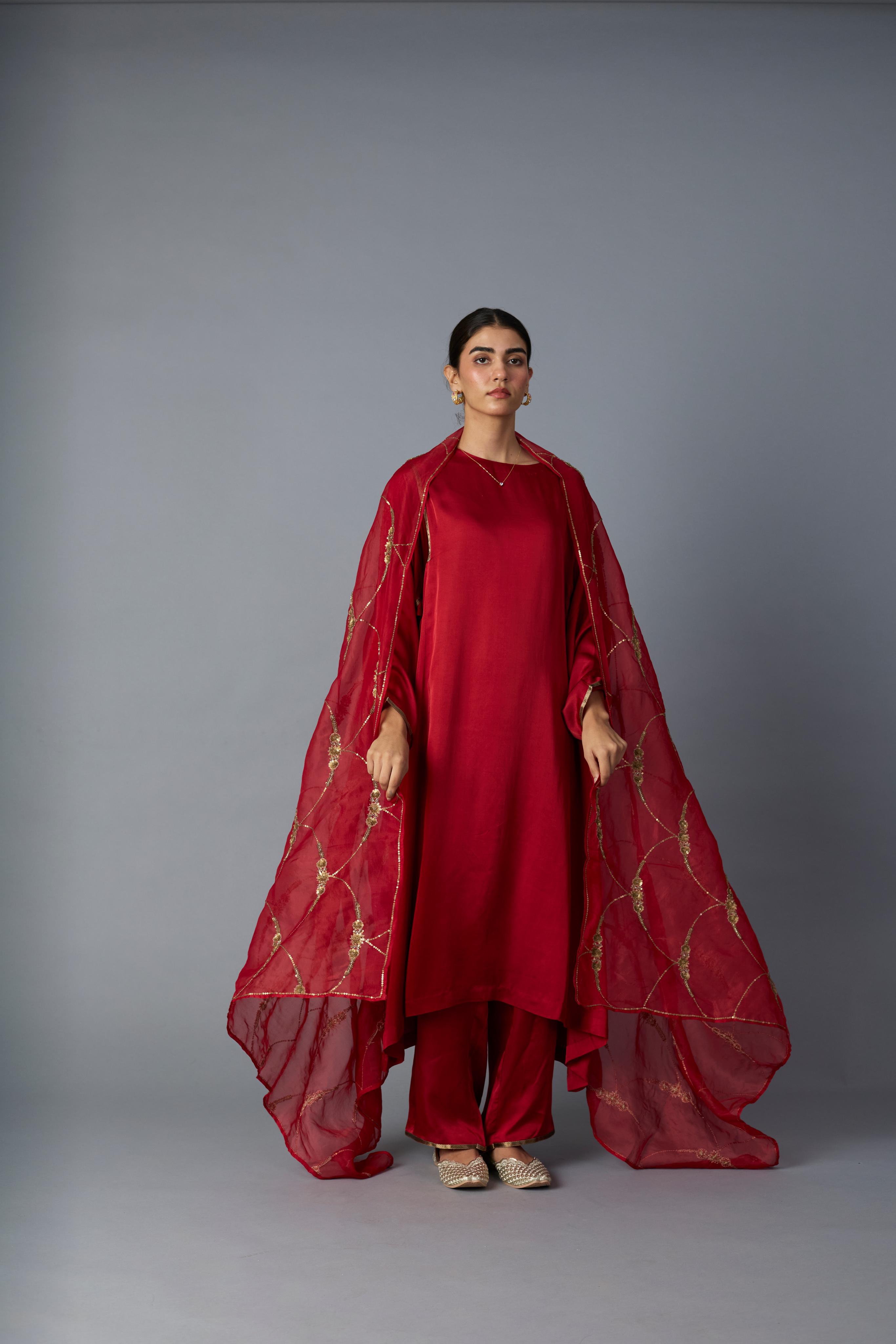 SABAH KALIDAR KURTA SET- DEEP RED