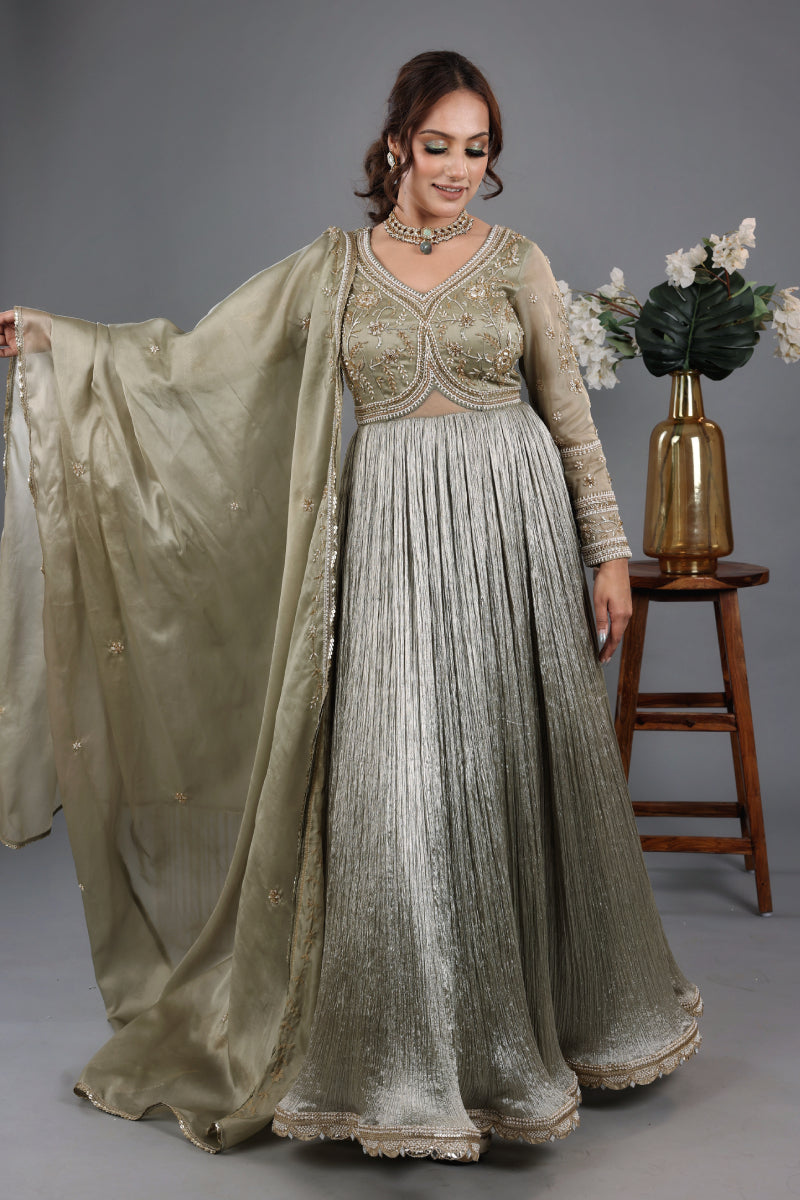 Crinkled Silk Anarkli With Handwork