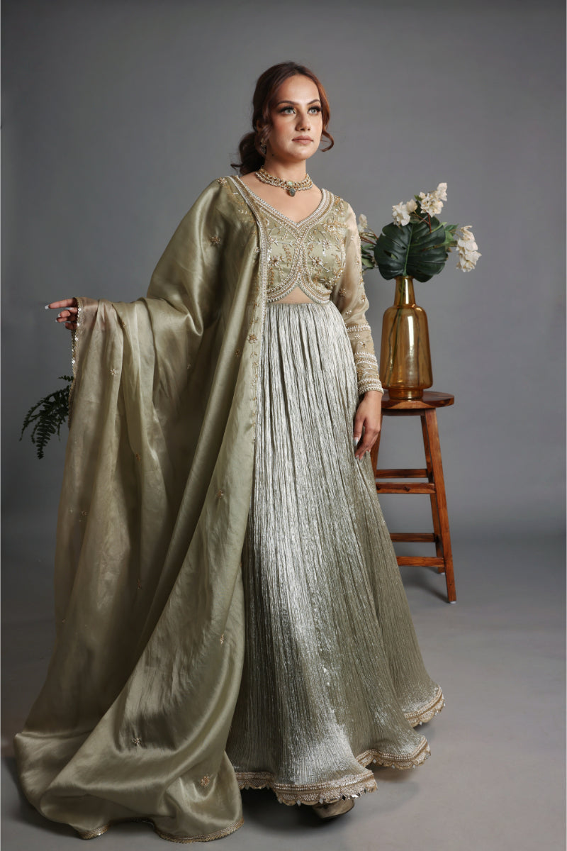 Crinkled Silk Anarkli With Handwork