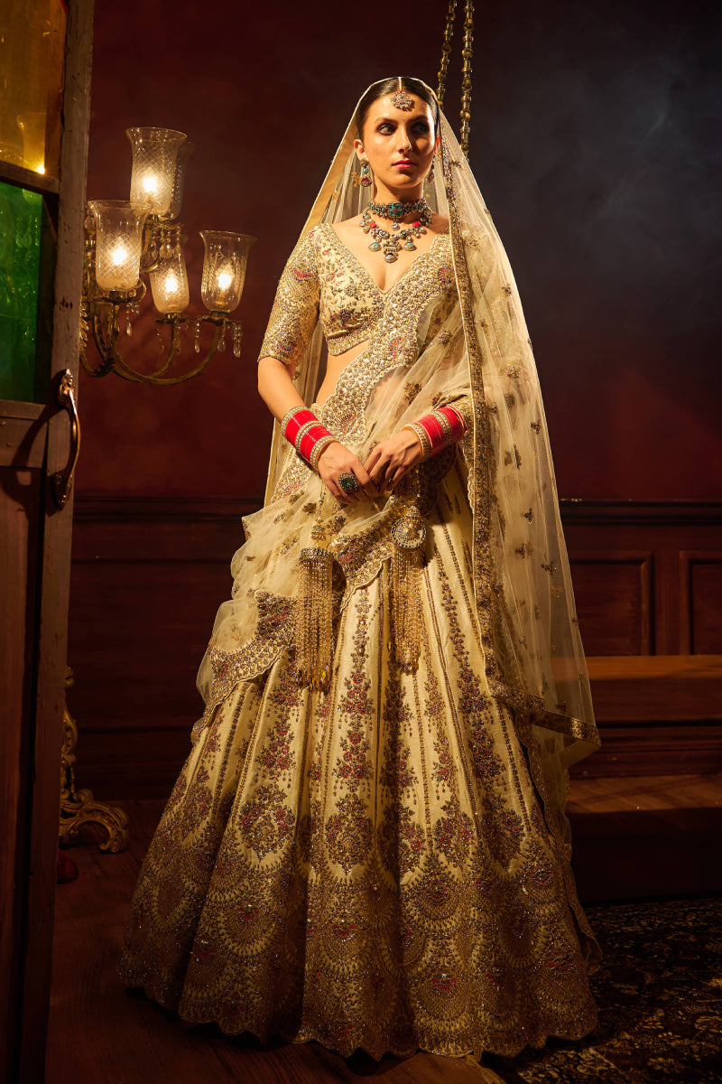 Ivory Raw Silk Hand & Machine Embroidered Lehenga Set
