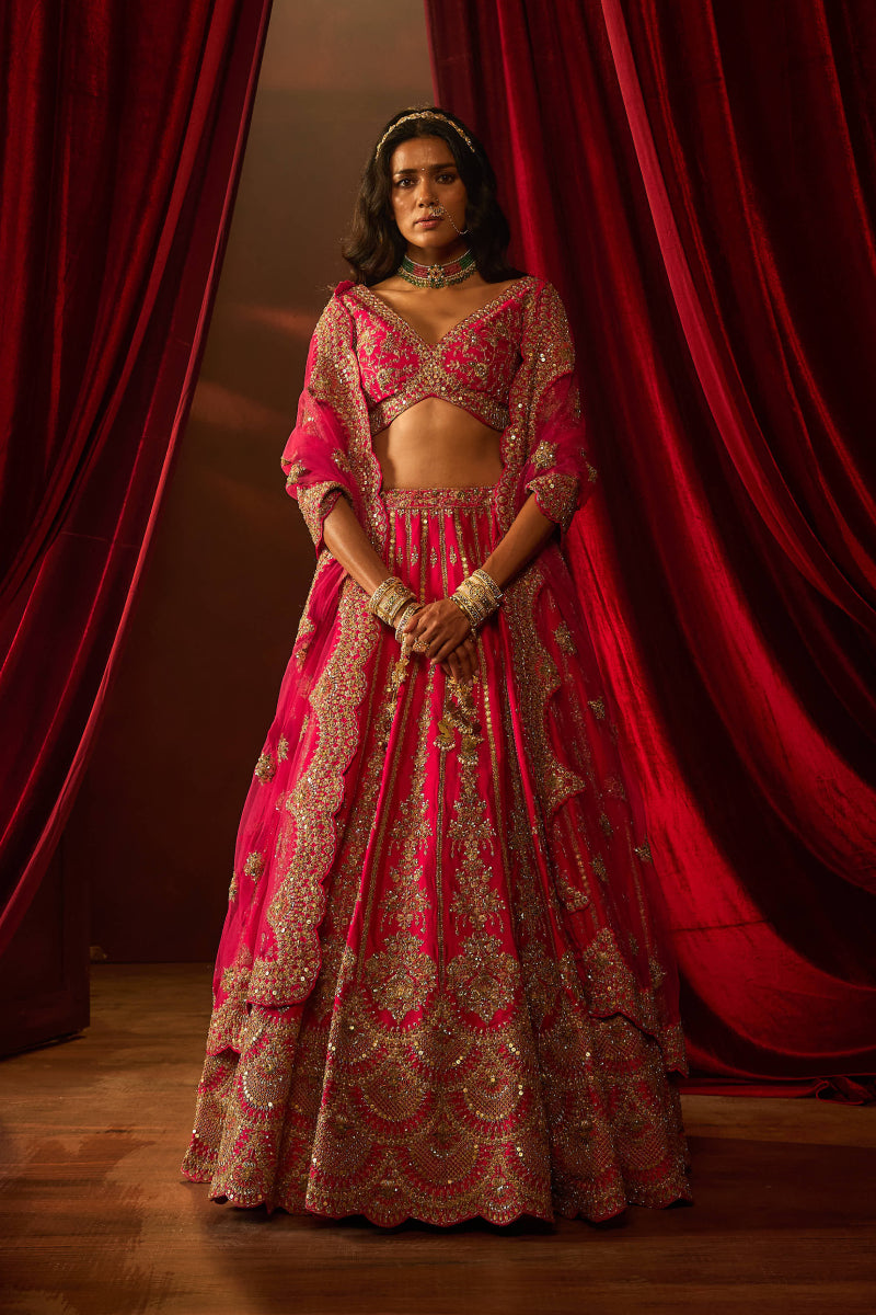 Rani Pink Raw Silk Hand & Machine Embroidered Lehenga Set
