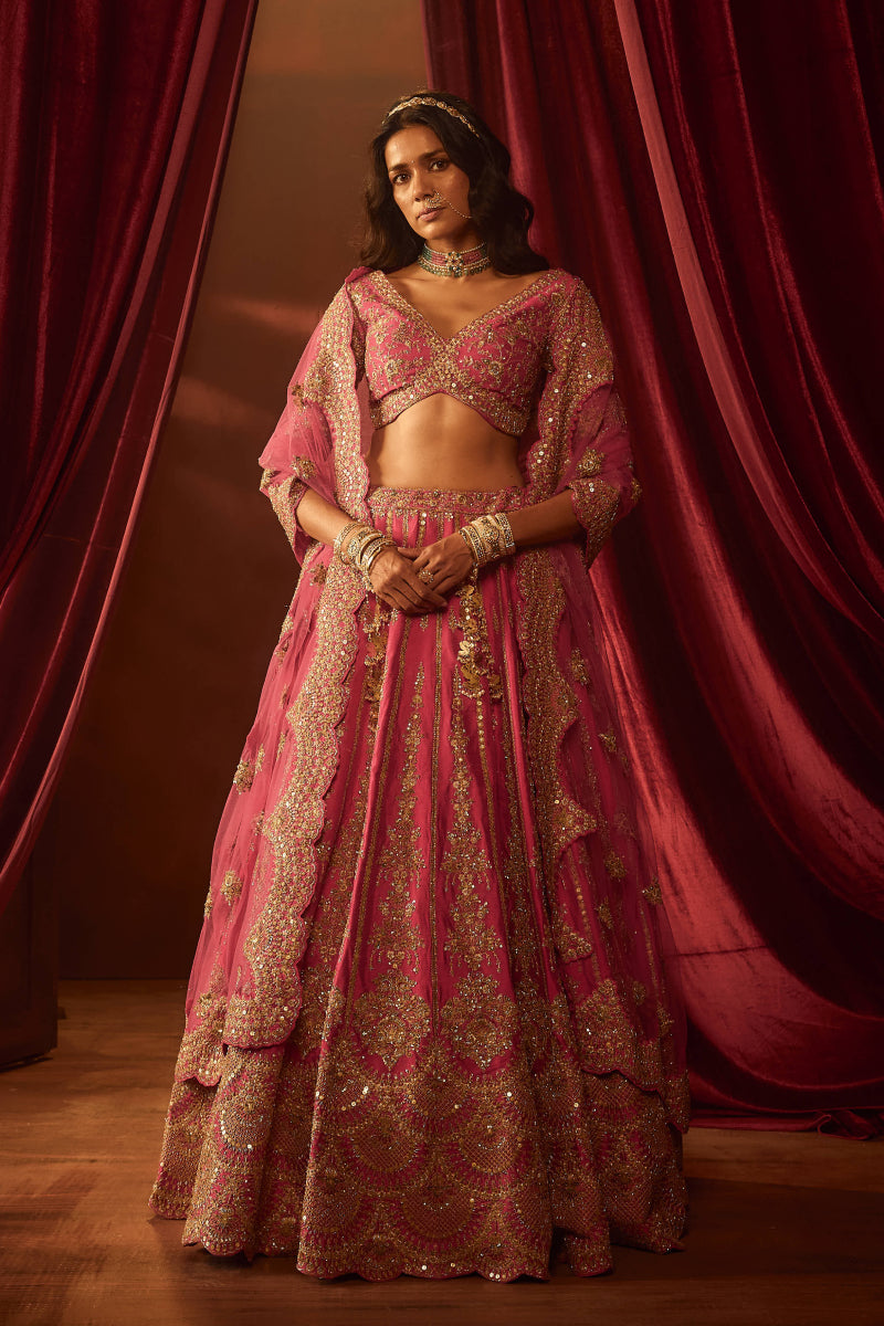 Rani Pink Raw Silk Hand & Machine Embroidered Lehenga Set