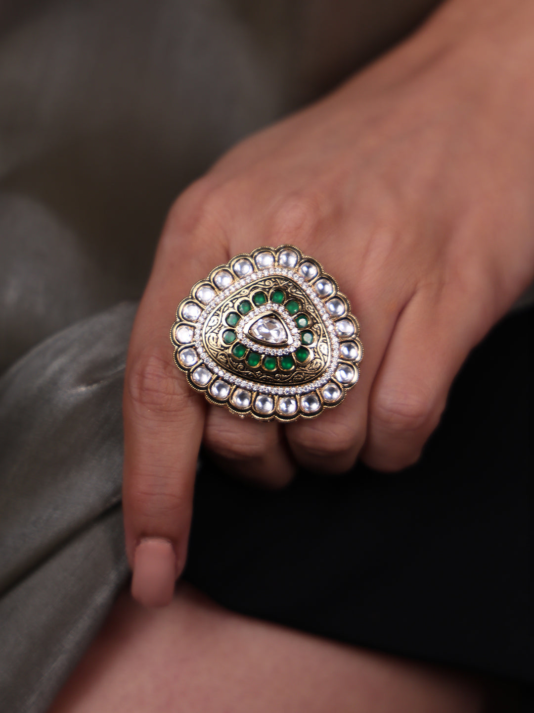 Abstract Kundan and Green Enamel Ring