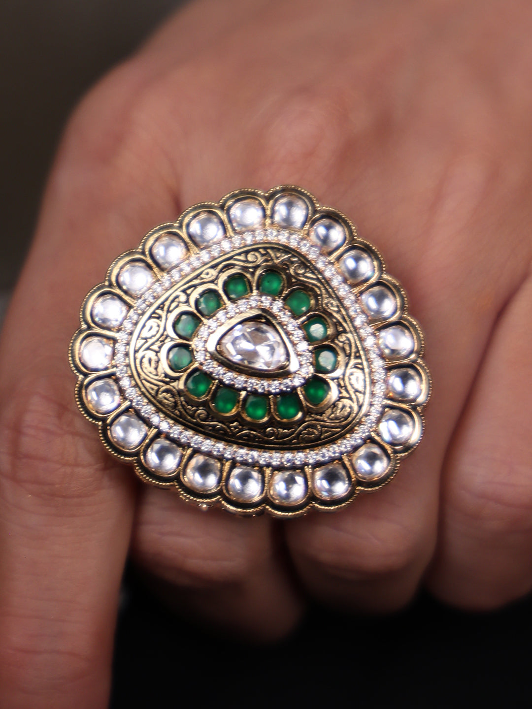 Abstract Kundan and Green Enamel Ring
