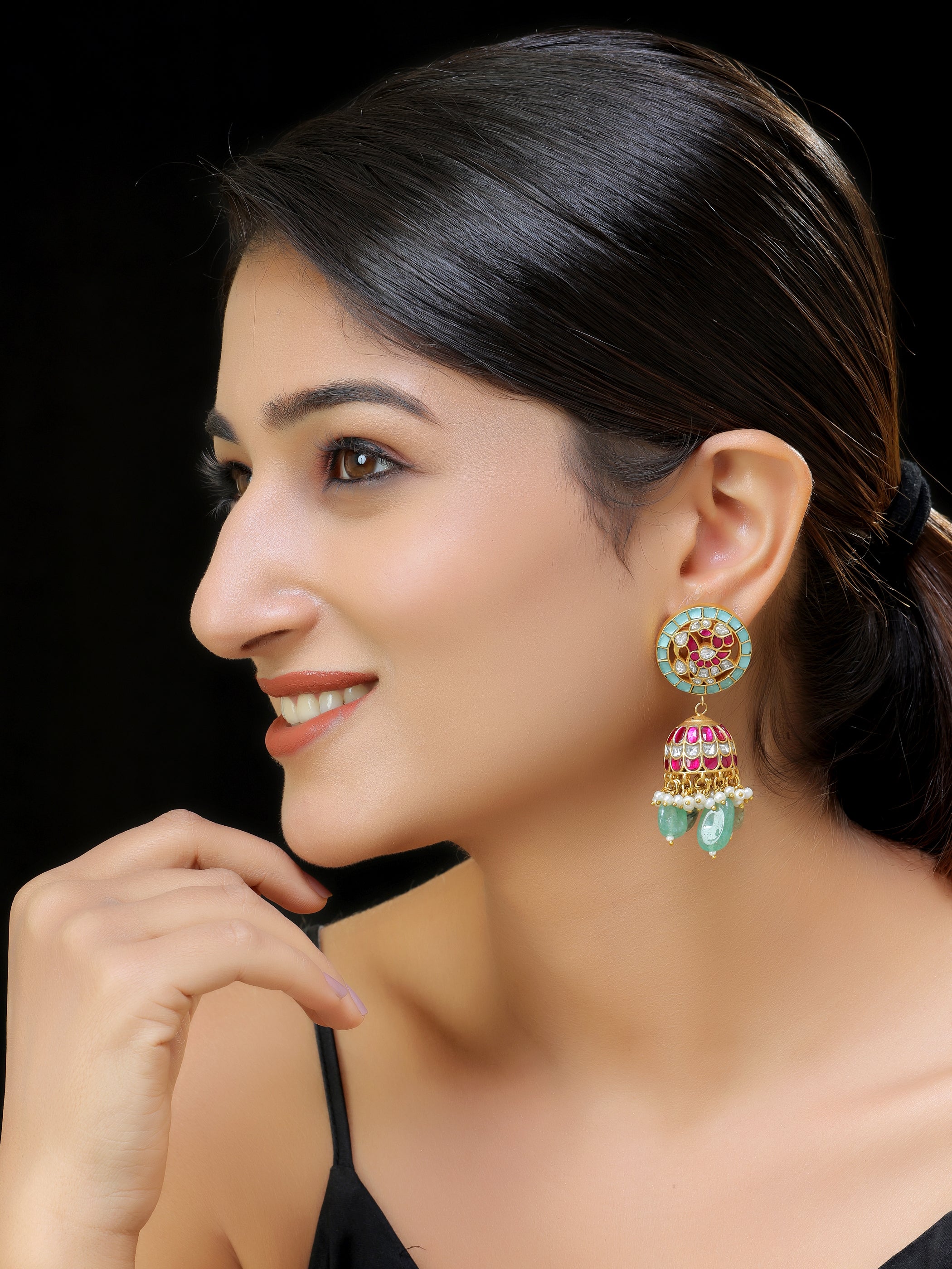 Gold finish Kundan Jhumka