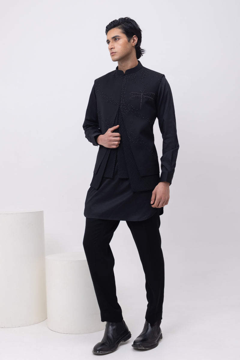 FIREFLY TRIO DESIGNER PINTUCK NEHRU JACKET/BUNDI WITH KURTA & PANT SET