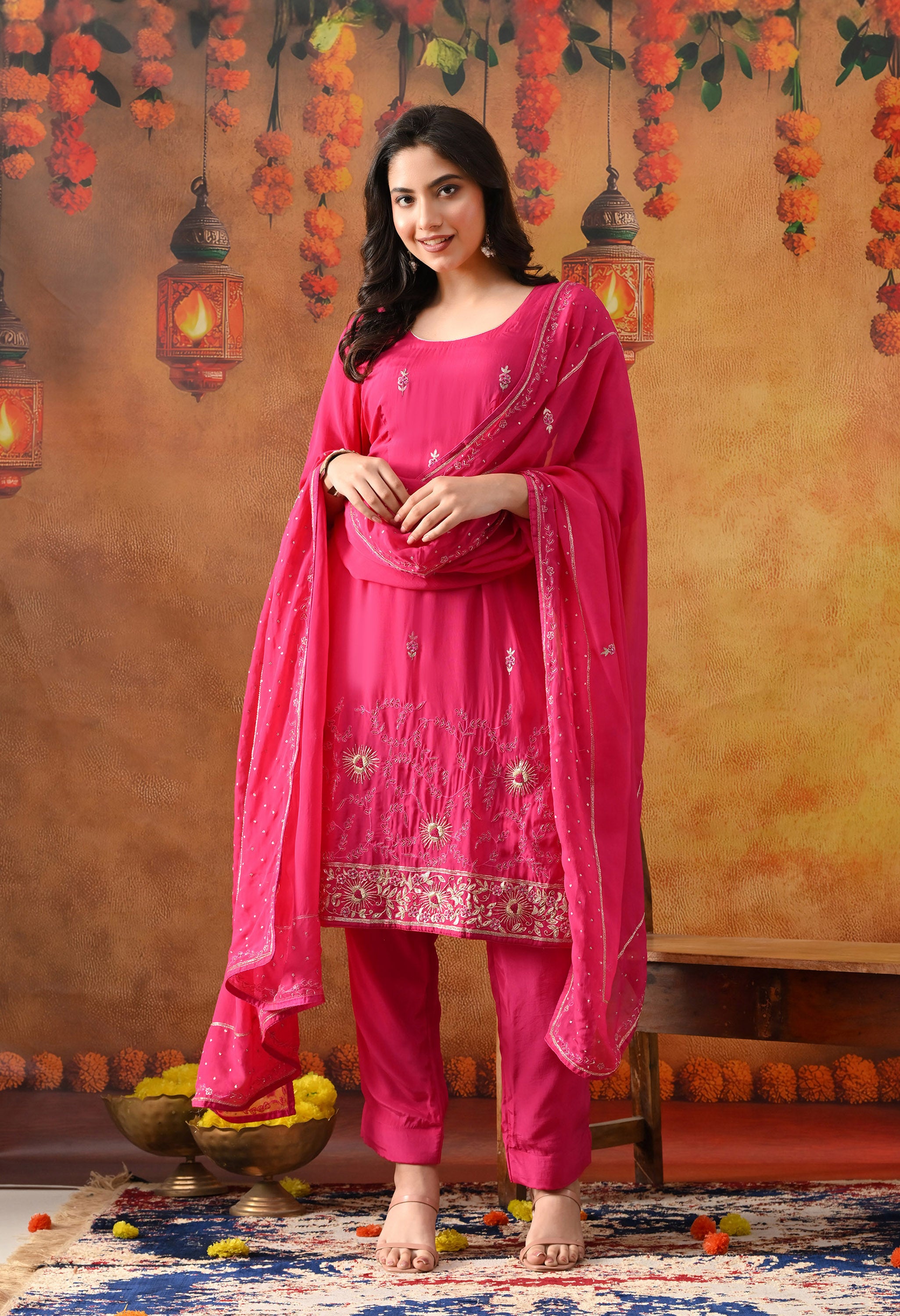 Hot Pink Organza Kurta Set