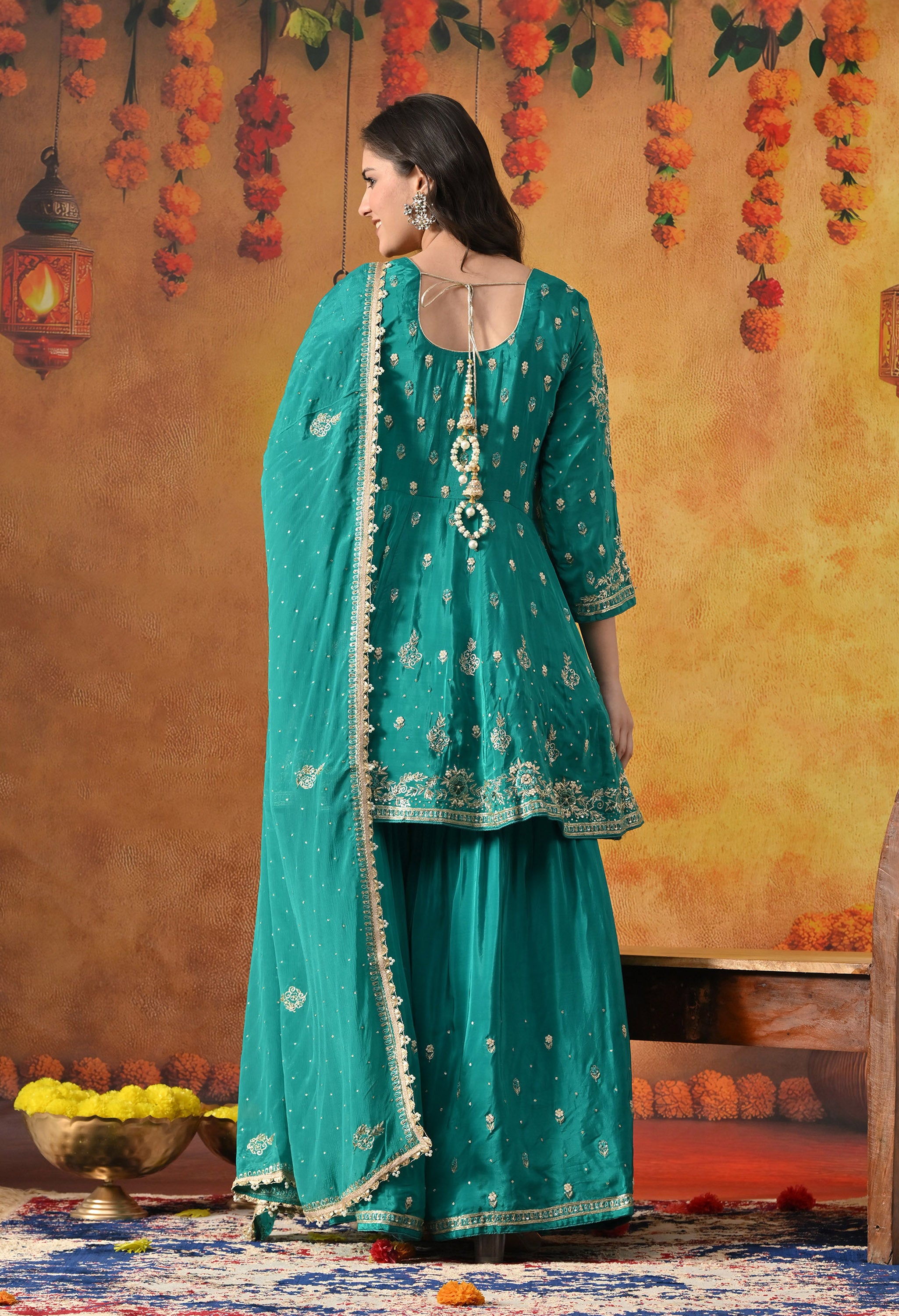 Green Peplum Sharara Set