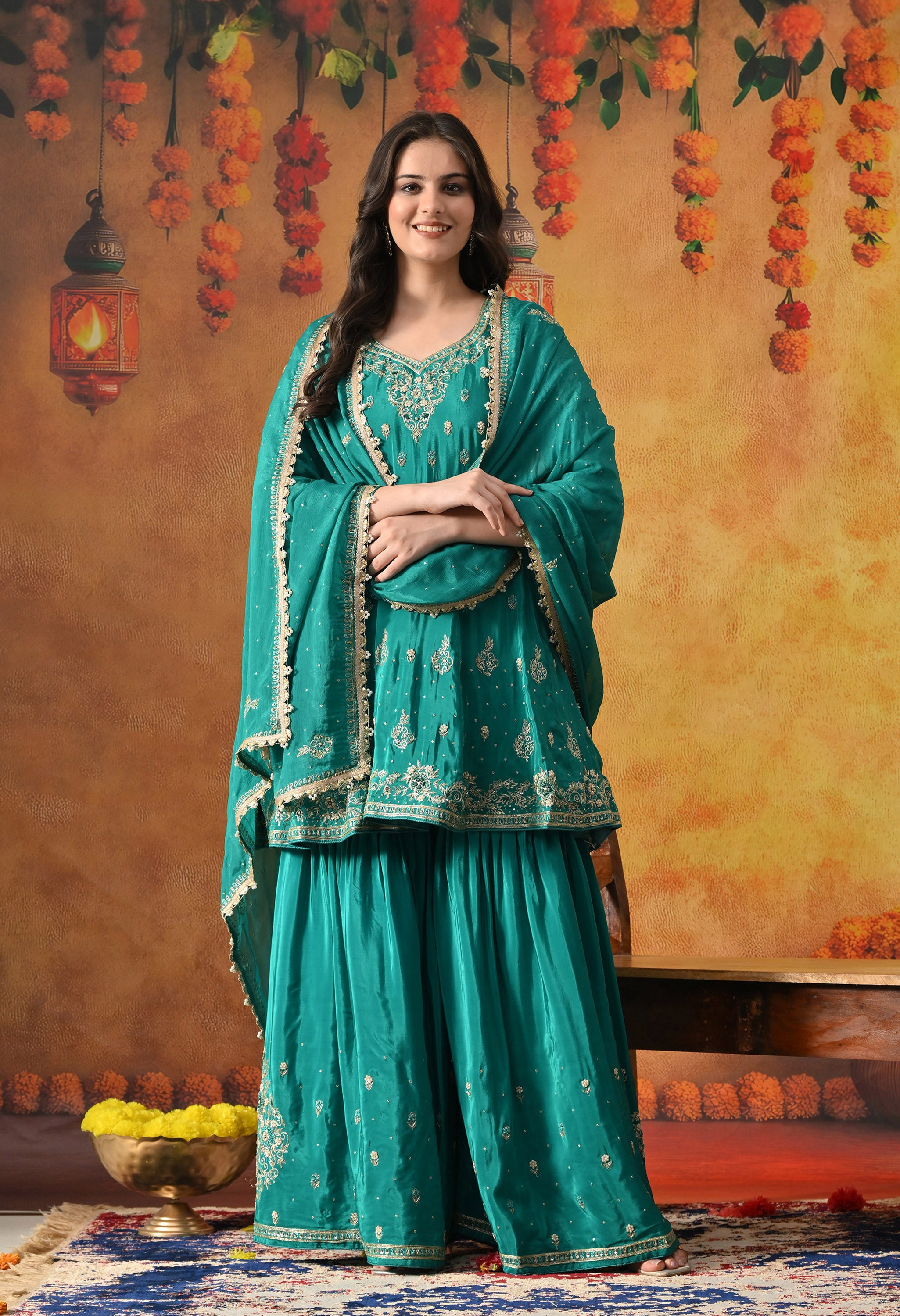 Green Peplum Sharara Set