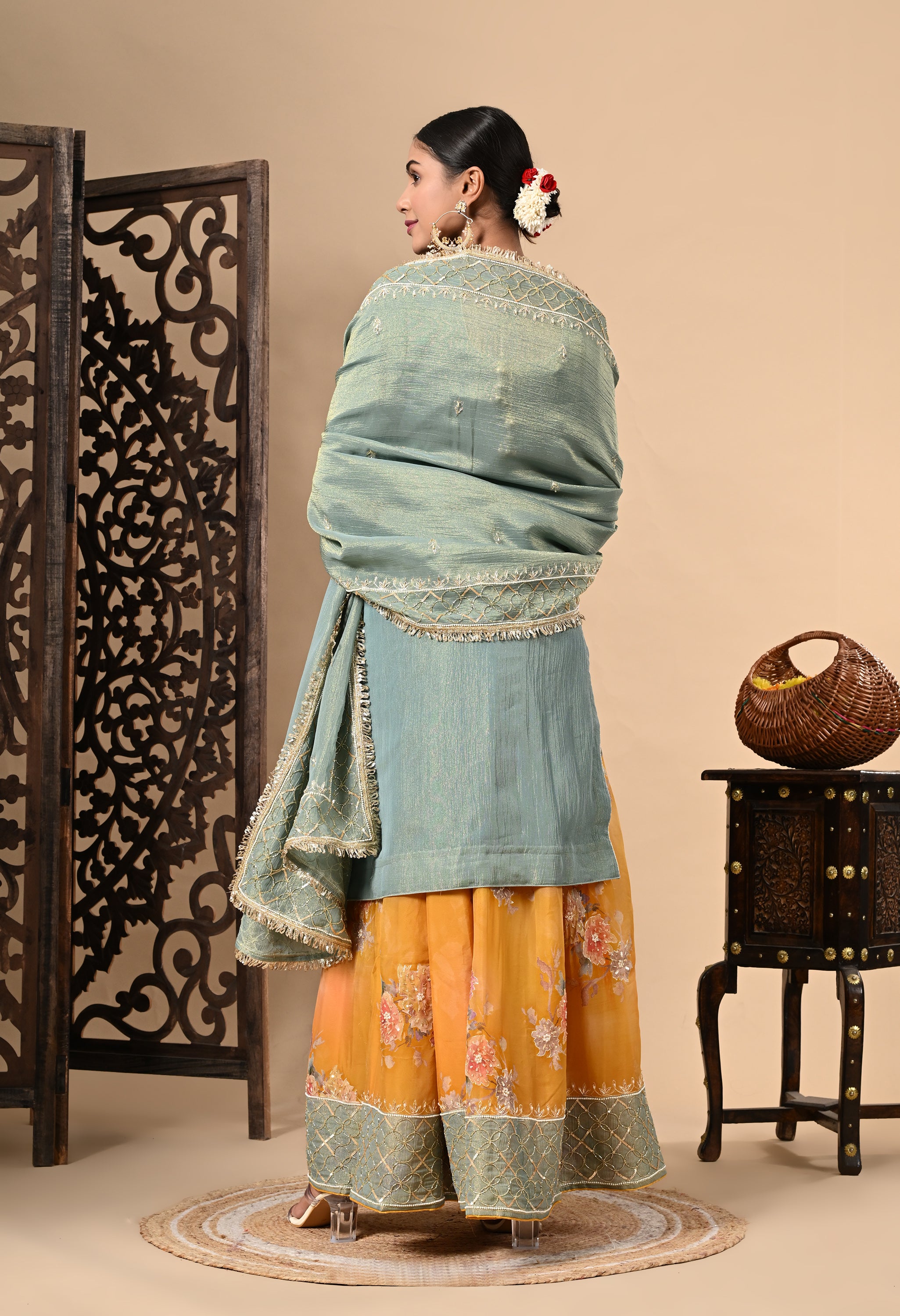 Grey Yellow Sharara Set
