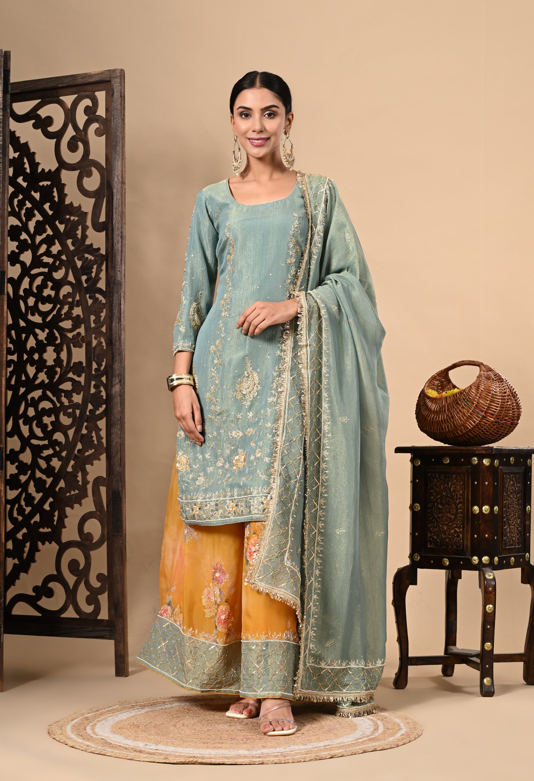 Grey Yellow Sharara Set
