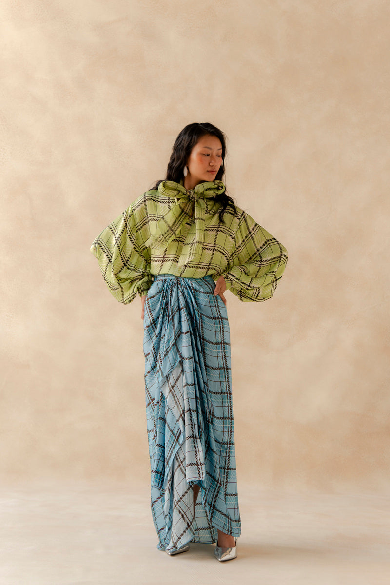 Plaid Tie Up Top With Drape Skirt