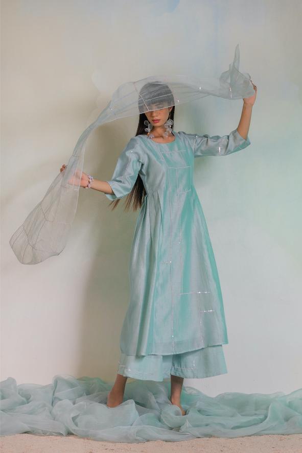 Sequin Kurta with Flared Palazzo - Set of 3