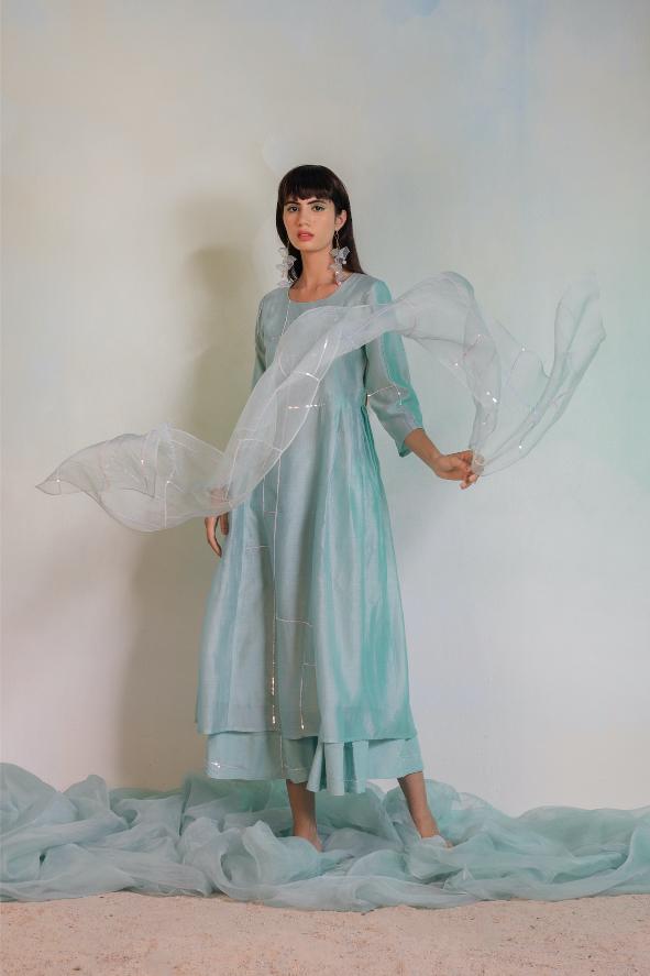 Sequin Kurta with Flared Palazzo - Set of 3