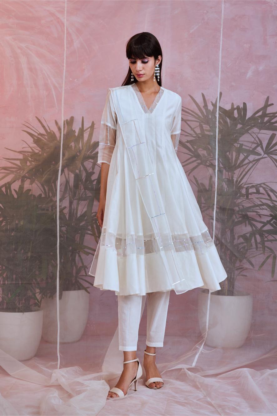 Sequin Pearl White Anarkali - Set of 3