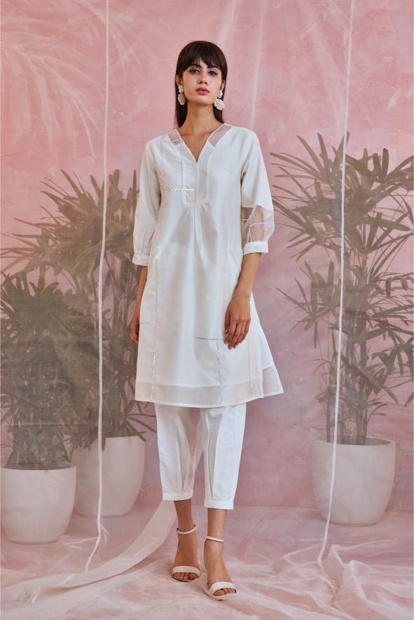 Sequin Placket Kurta with Pleated Pants - Set of 3
