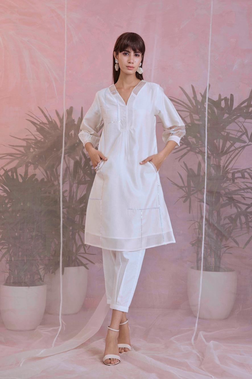 Sequin Placket Kurta with Pleated Pants - Set of 3