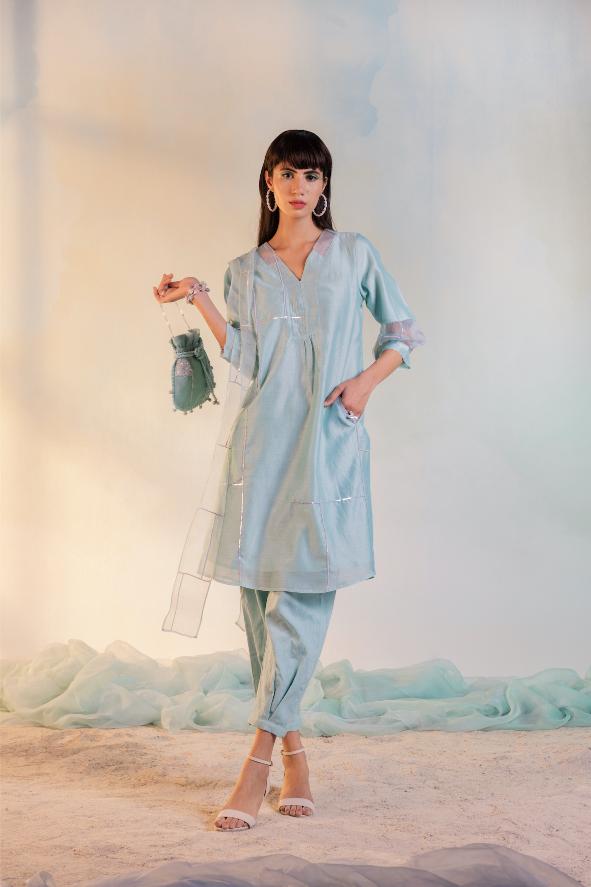 Sequin Placket Kurta with Pleated Pants - Set of 3